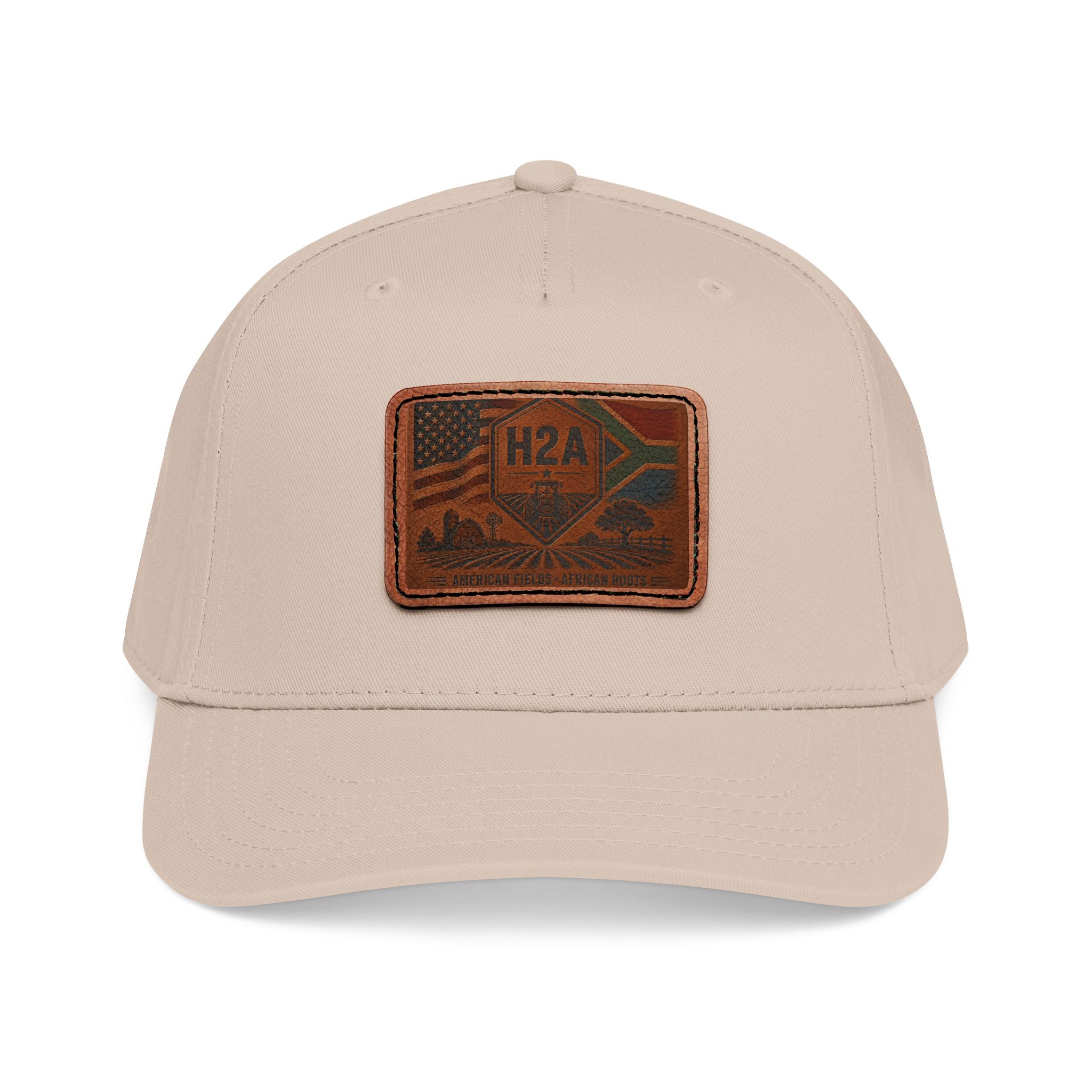 Beige baseball cap with matching beige brim and rectangular H2A flag leather patch.