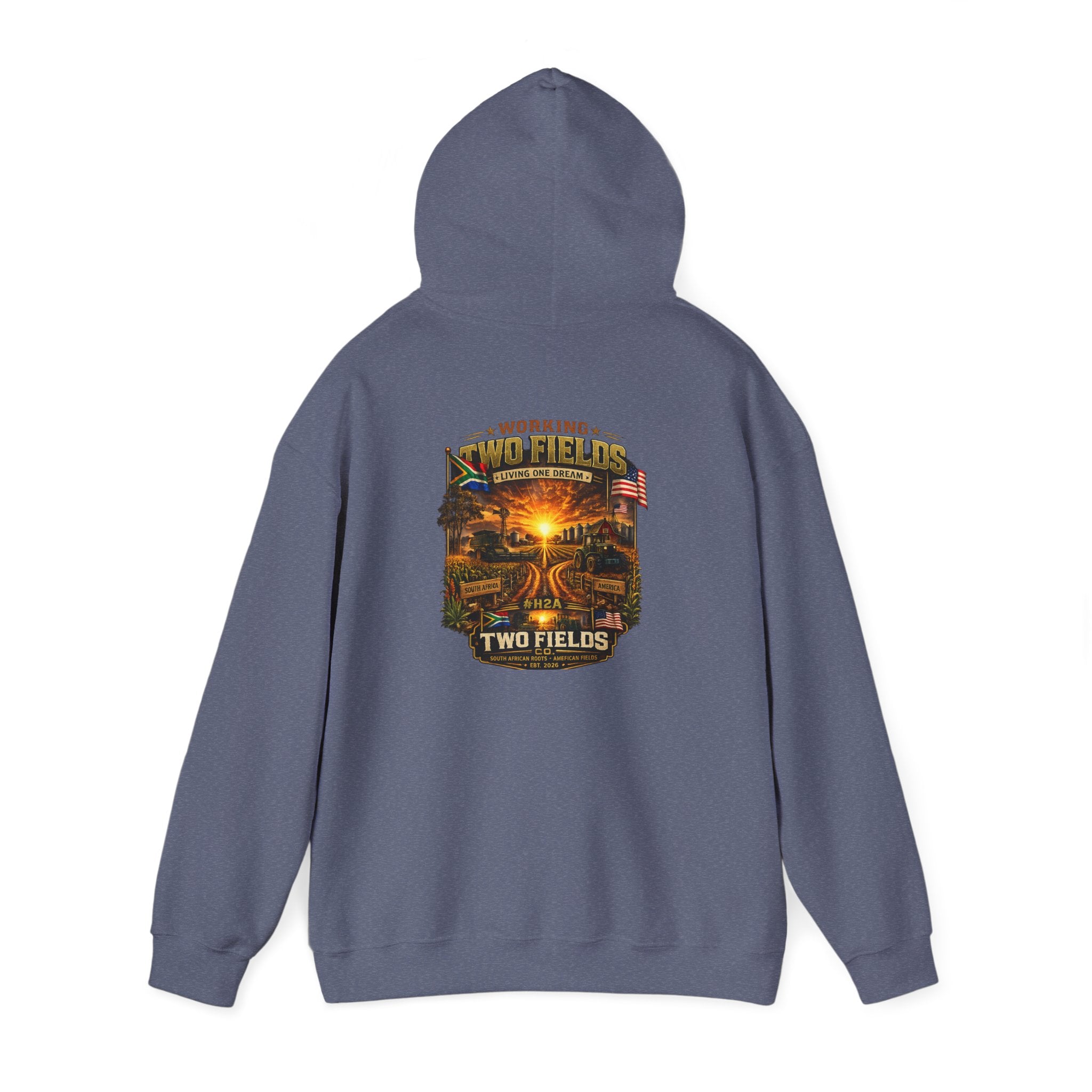Slate blue pullover hoodie with hood and front pocket; back square scenic farm sunset graphic