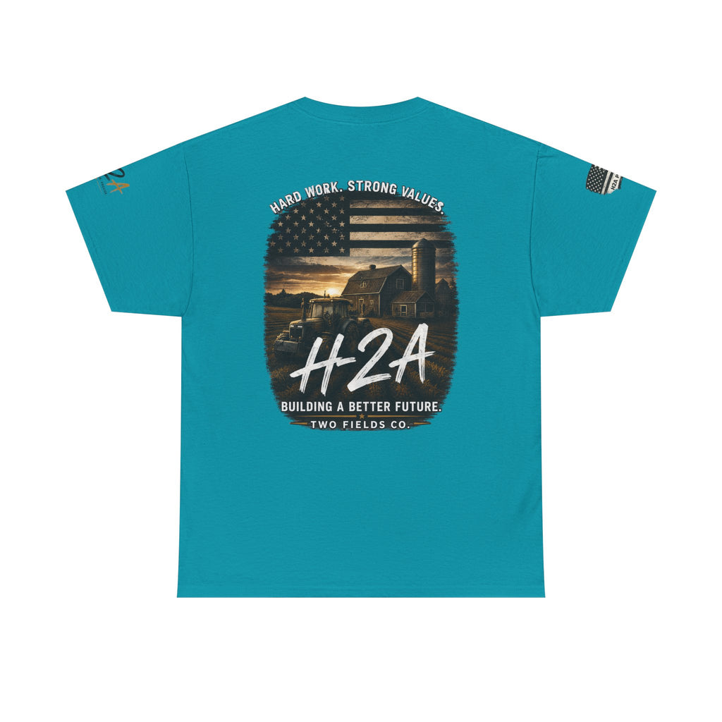 Teal farming T-shirt with back patriotic farm graphic and H2A lettering
