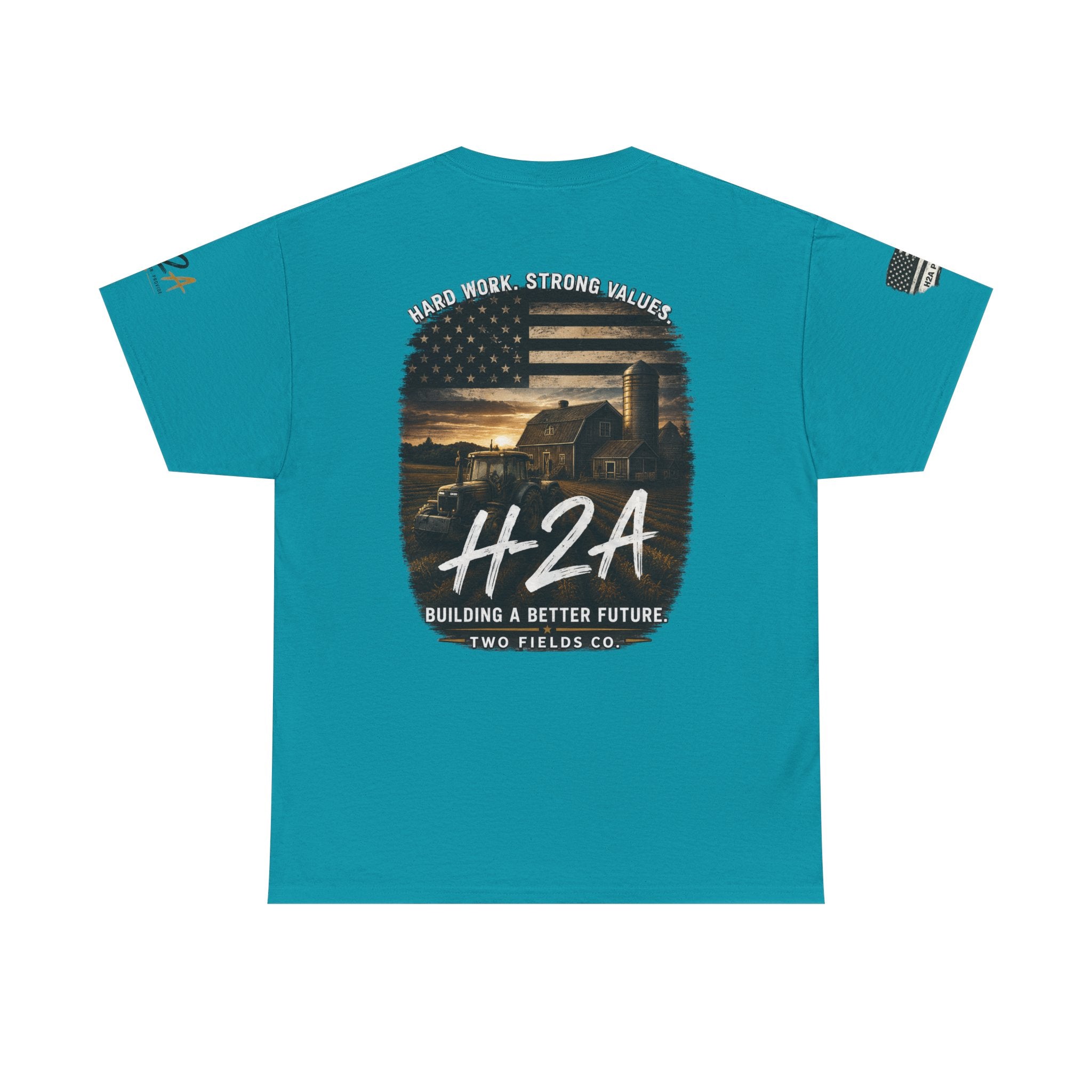Teal farming T-shirt with back patriotic farm graphic and H2A lettering