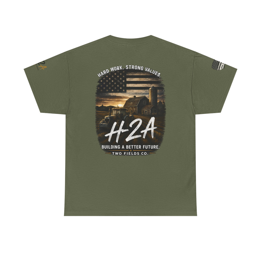 Military Green H2A farming T-shirt with large H2A farm graphic on back