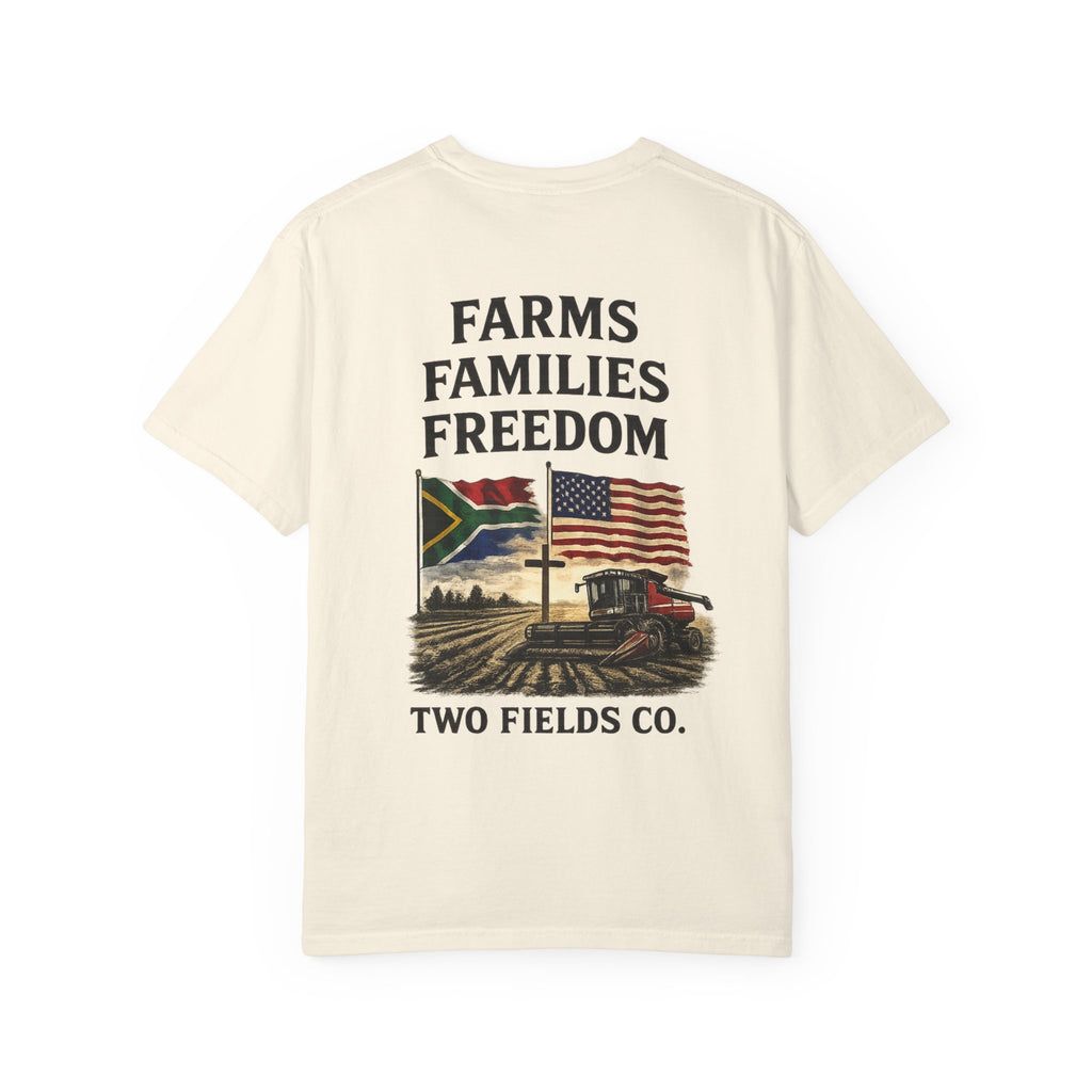 Ivory short-sleeve farm tractor graphic t-shirt with “FARMS FAMILIES FREEDOM”