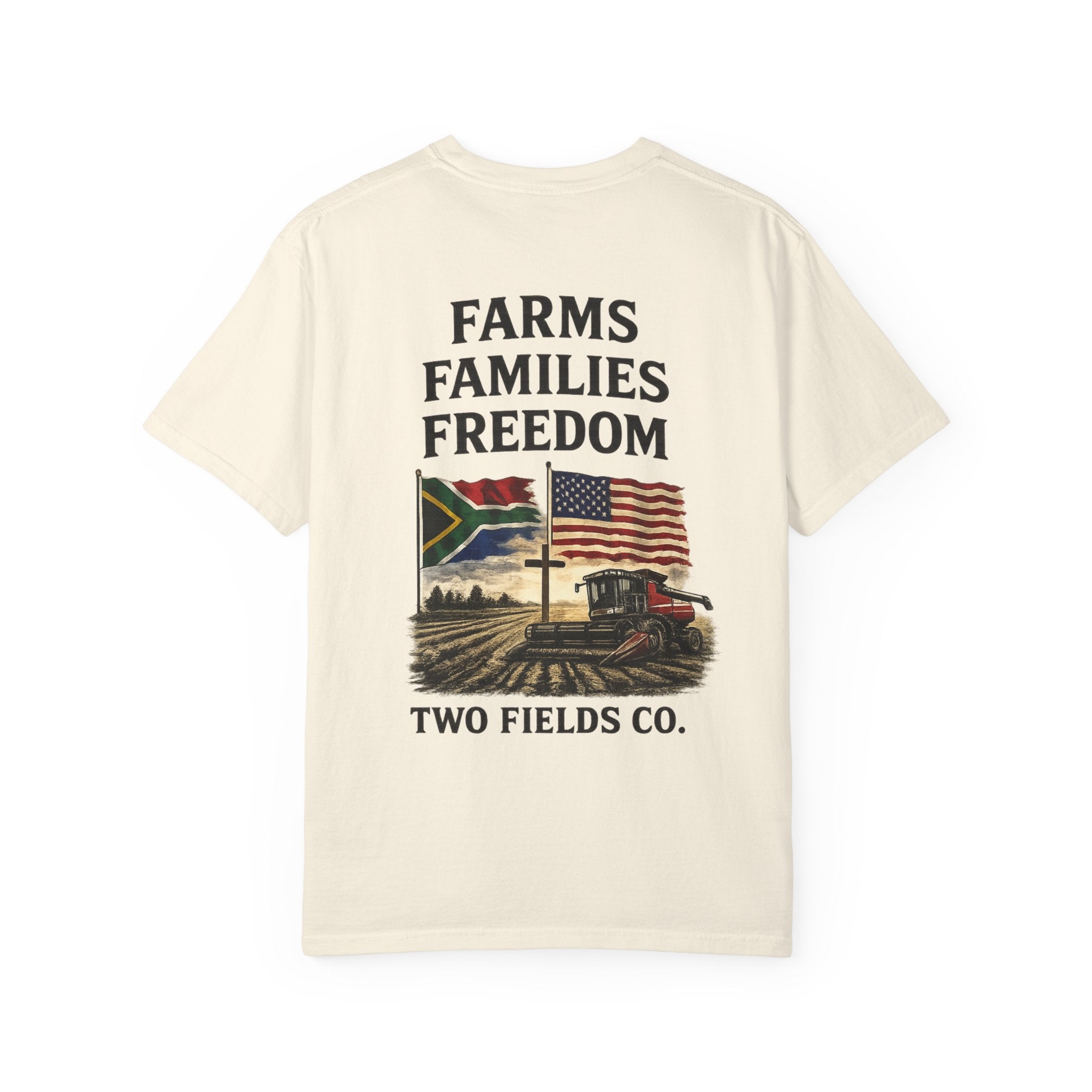 Ivory short-sleeve farm tractor graphic t-shirt with “FARMS FAMILIES FREEDOM”