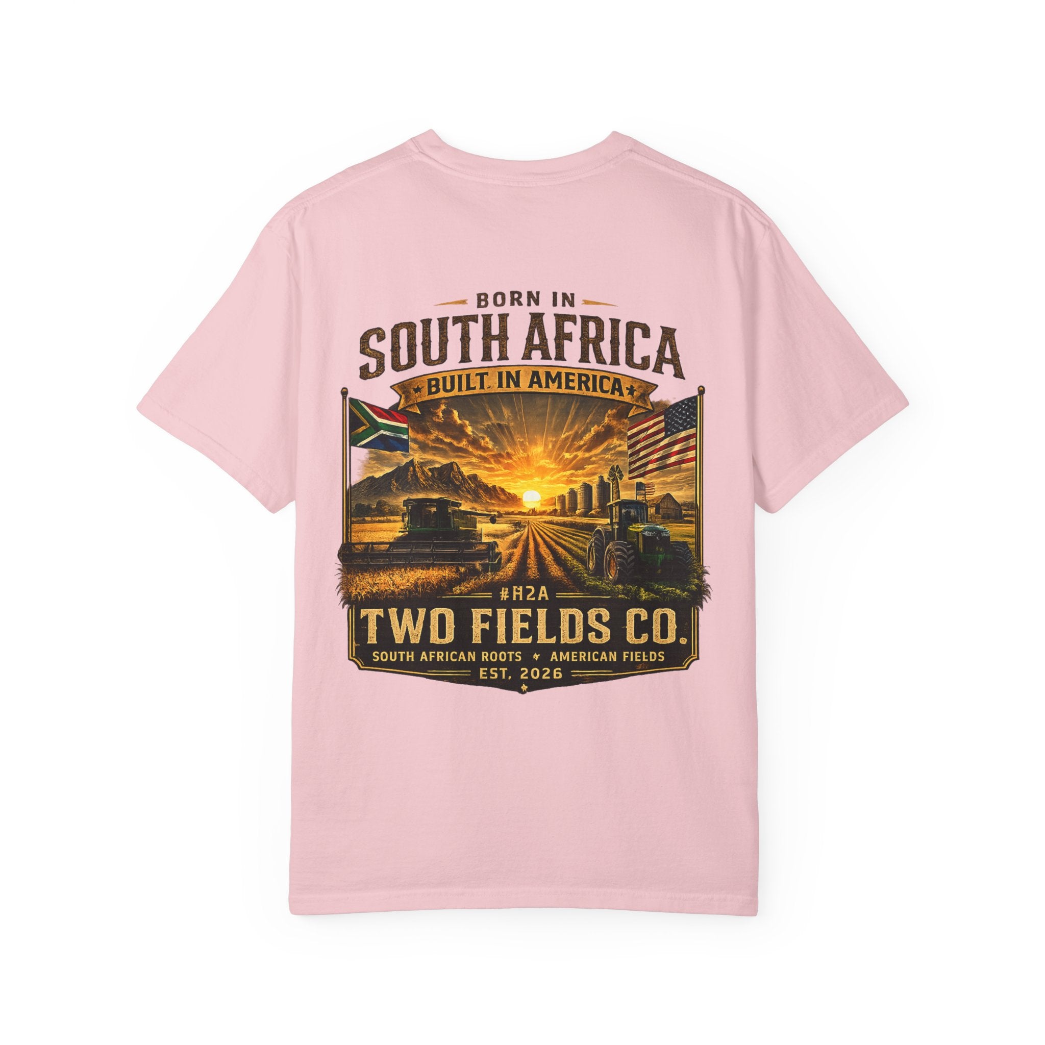 Pink crew-neck T-shirt with large centered graphic print on the front