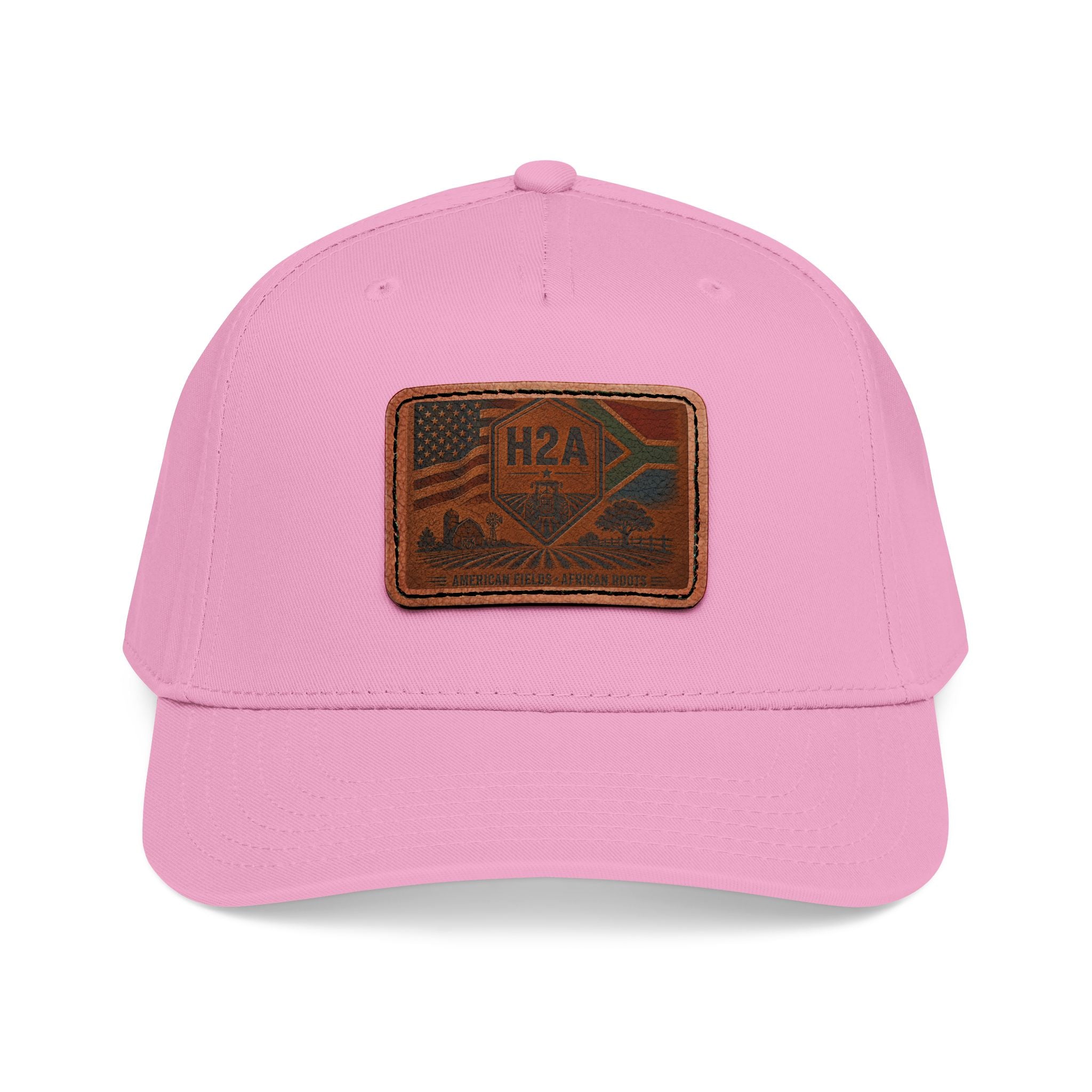 Two-tone baseball cap, pink crown with pink brim and rectangular H2A patch