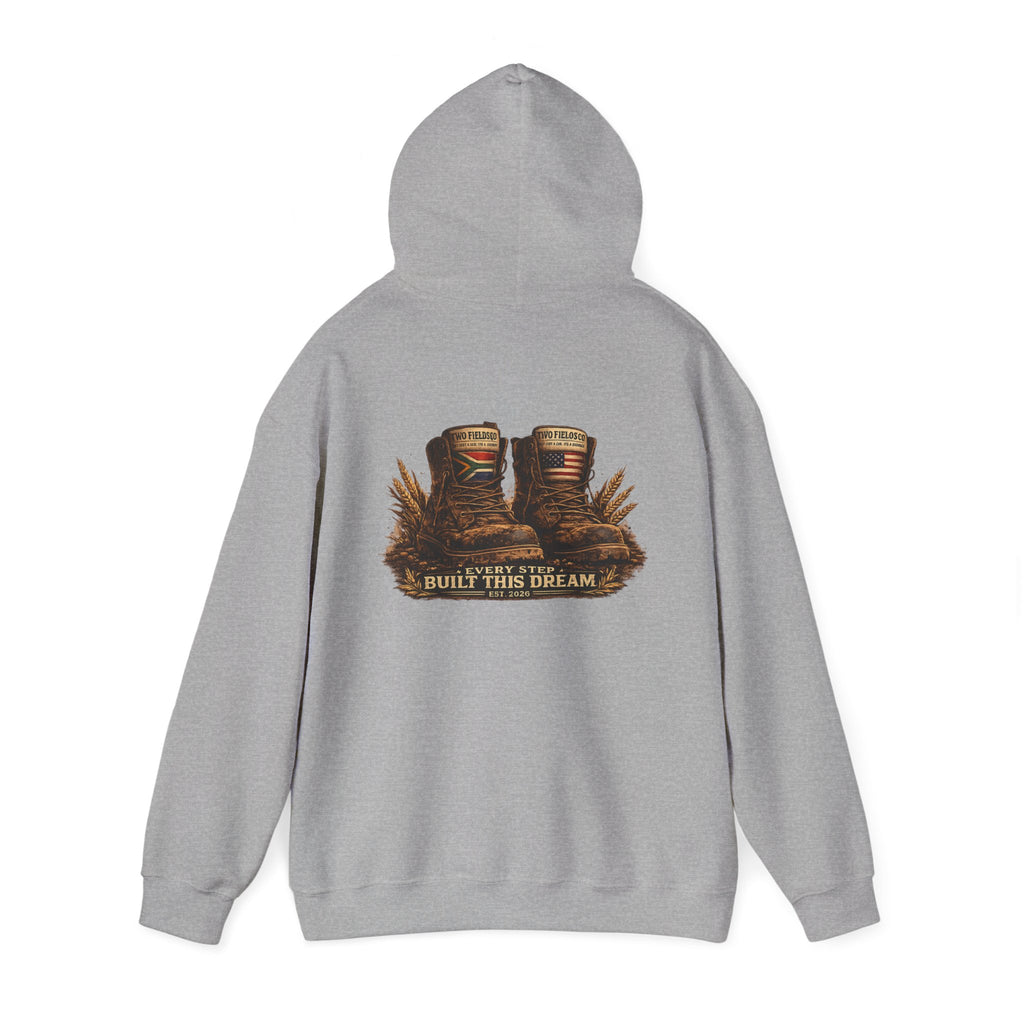 Heather grey pullover hoodie with hood and back western graphic reading "EVERY STEP BUILD THIS DREAM"
