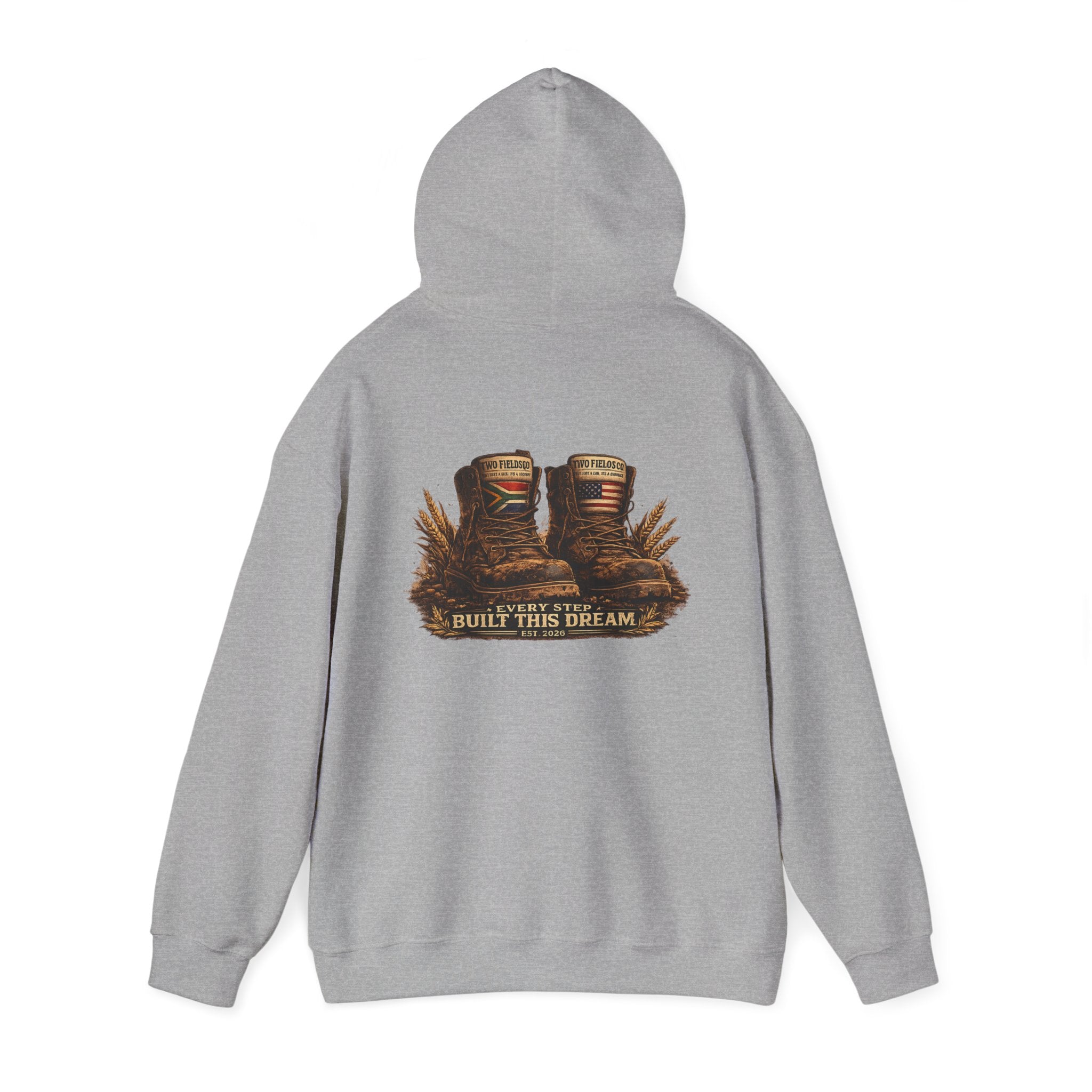 Heather grey pullover hoodie with hood and back western graphic reading "EVERY STEP BUILD THIS DREAM"