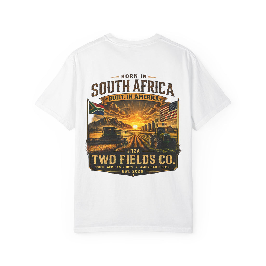 White graphic T-shirt with large front 'Born in South Africa' city sunset print
