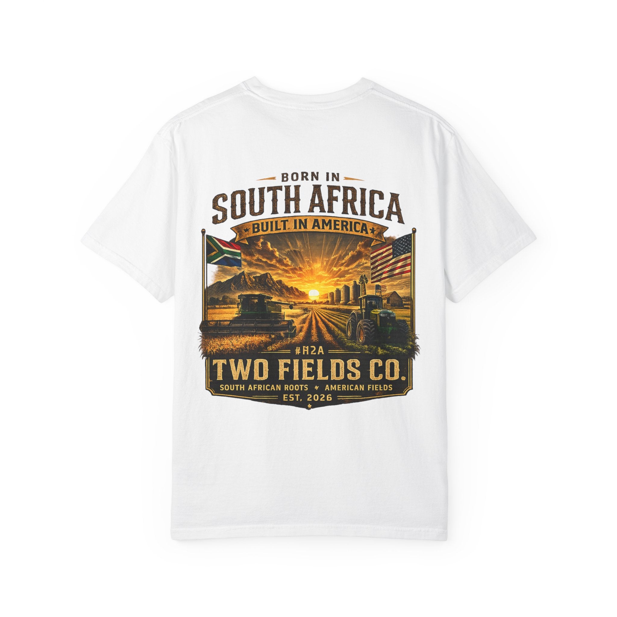 White graphic T-shirt with large front 'Born in South Africa' city sunset print
