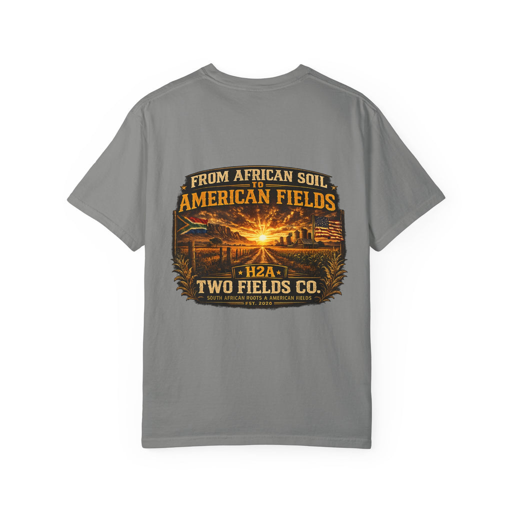 Grey t-shirt with vintage farm sunset graphic and “From African Soil to American Fields” text