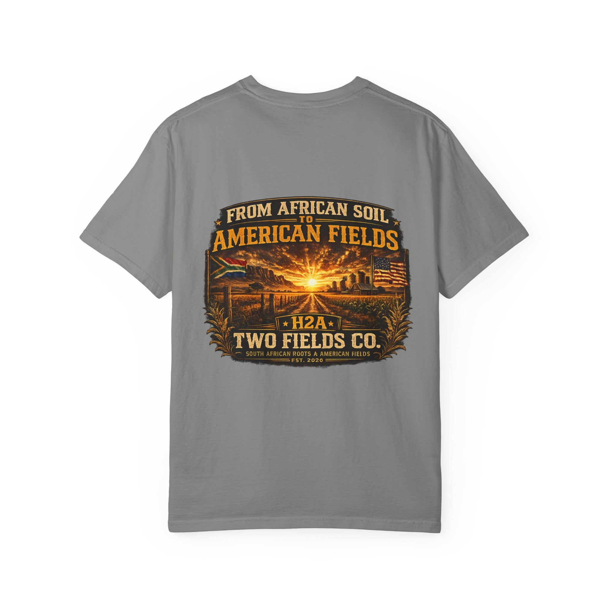 Grey t-shirt with vintage farm sunset graphic and “From African Soil to American Fields” text