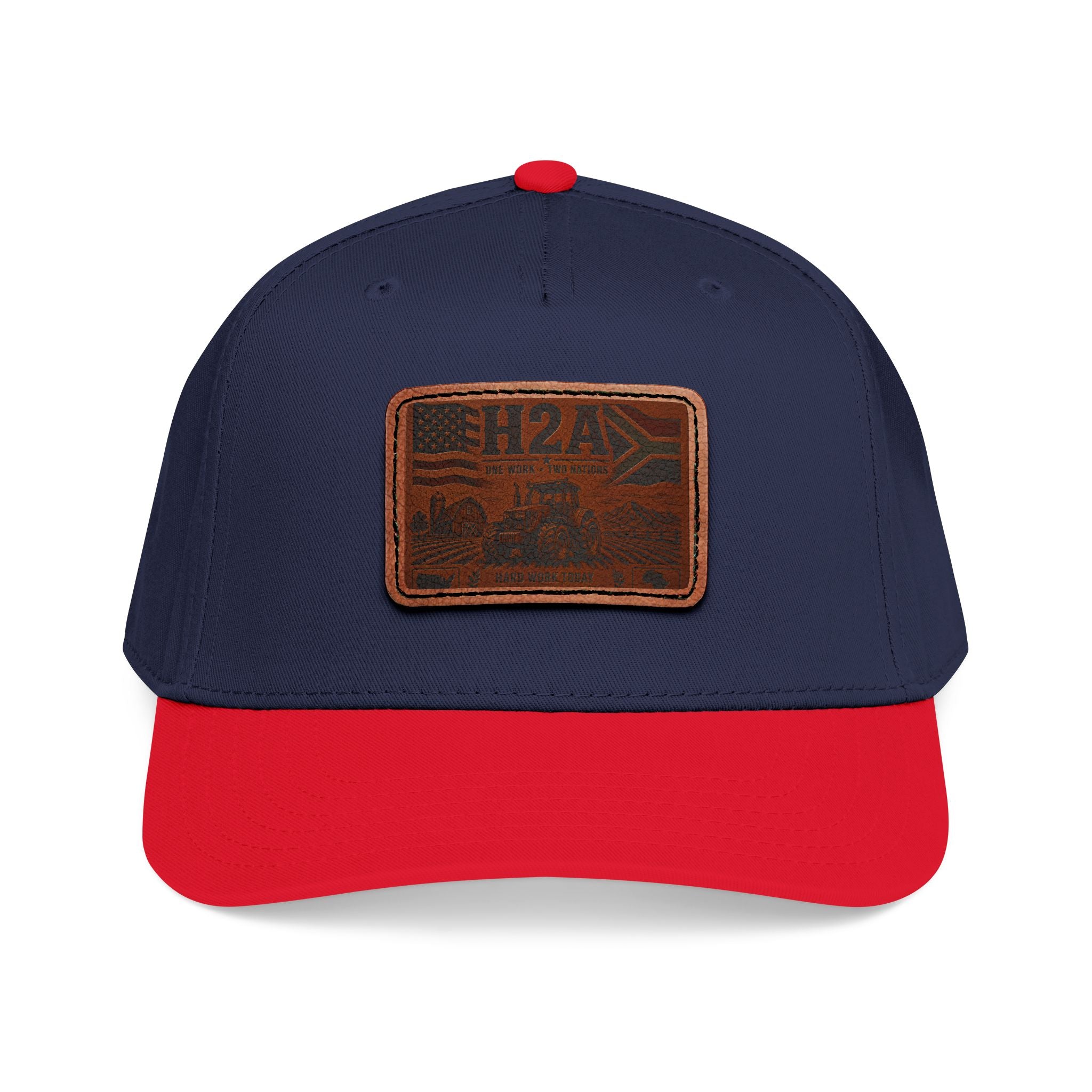 Navy baseball cap with red brim and rectangular leather H2A truck patch centerpiece.