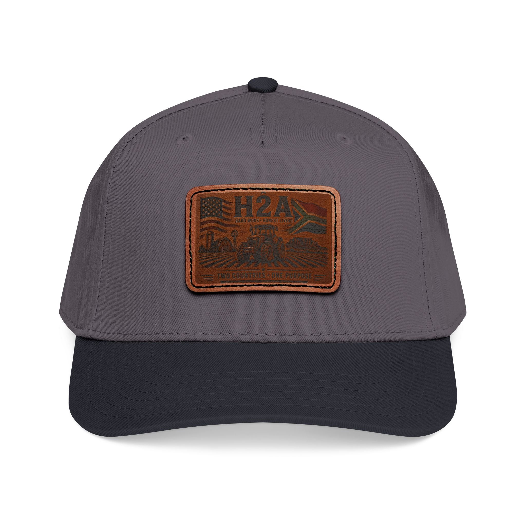 Leather patch baseball cap in dark grey with dark navy brim, rectangle H2A logo patch