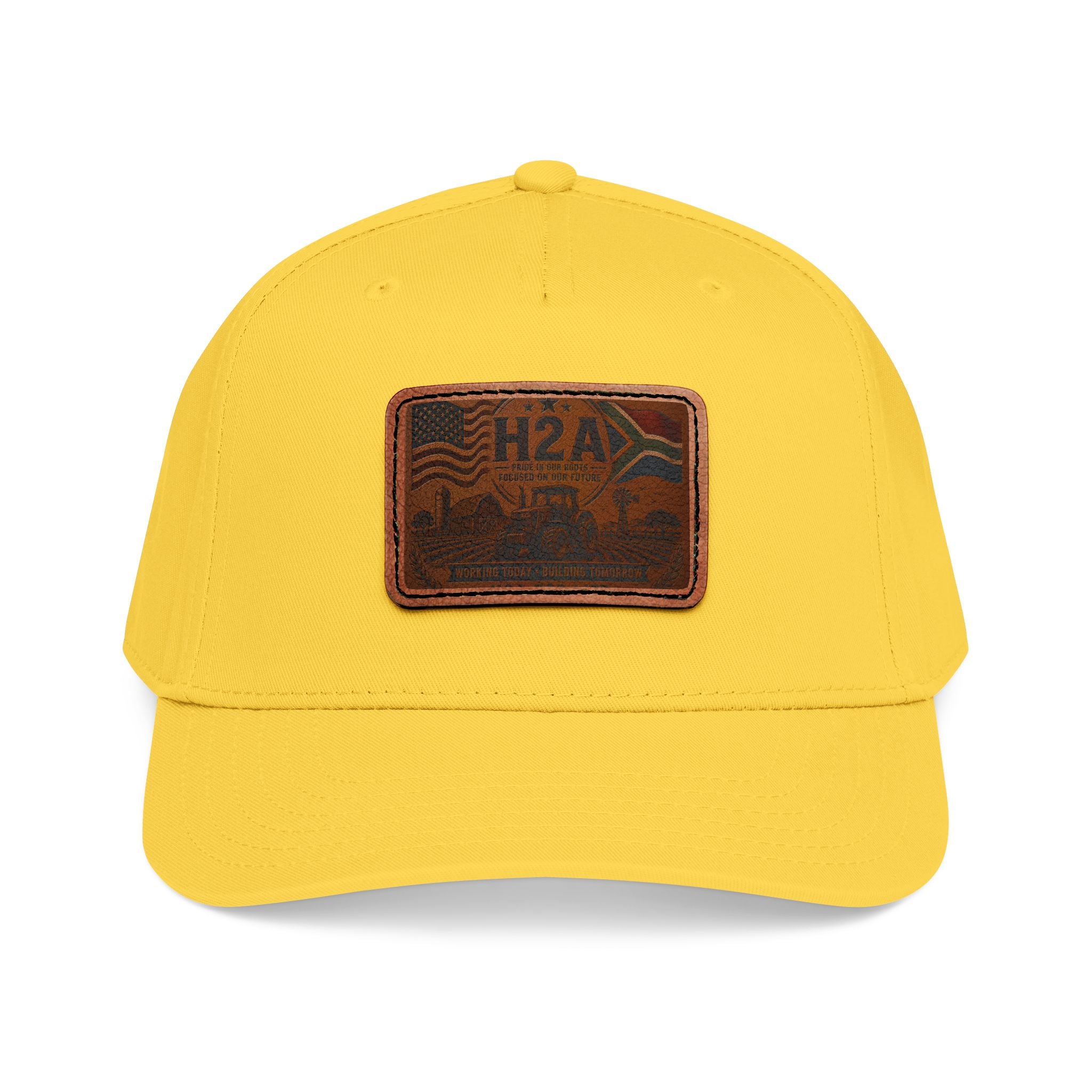 Leather patch baseball cap, yellow with rectangular H2A truck patch on front