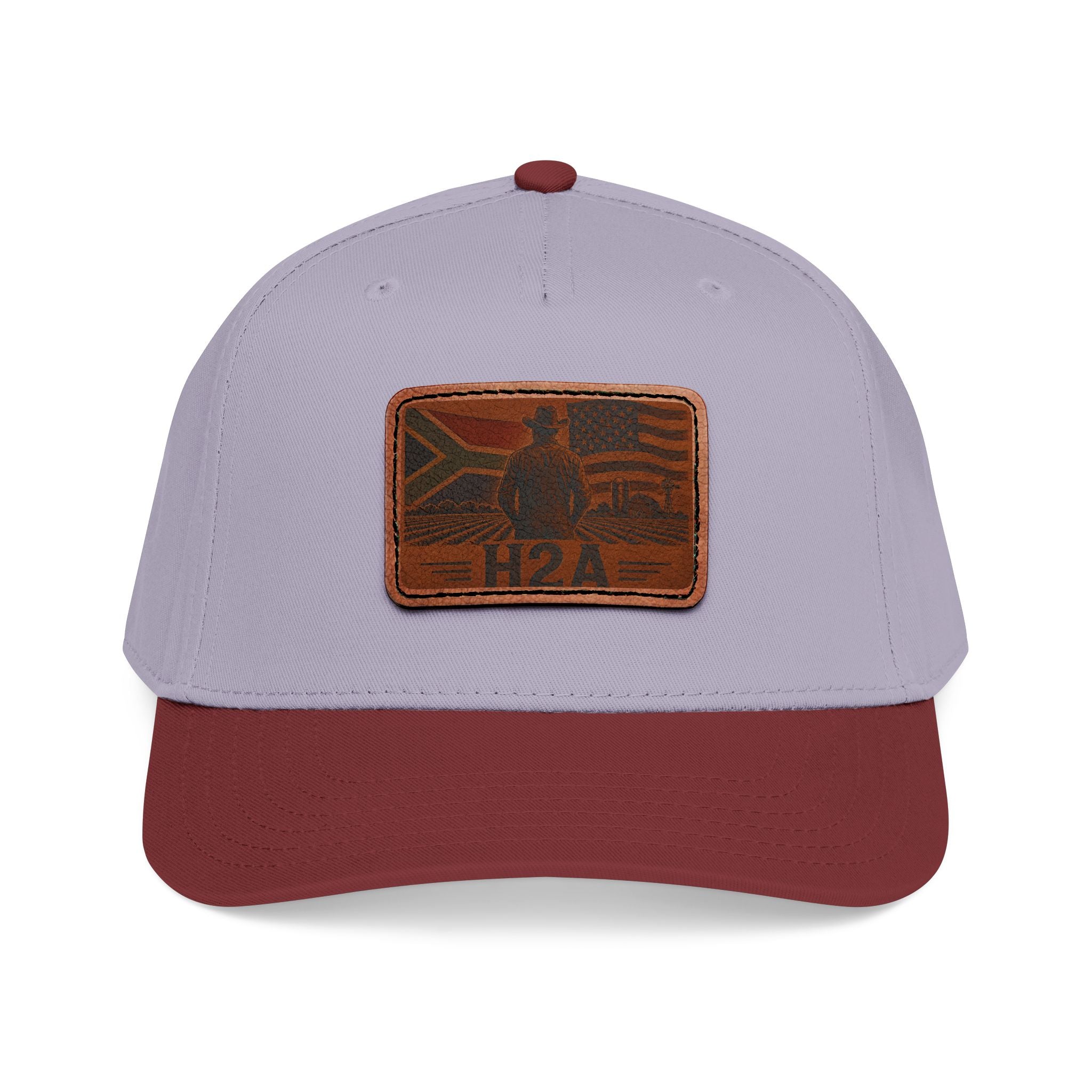 Two-tone baseball cap with light purple crown, maroon brim, and rectangular H2A leather patch.