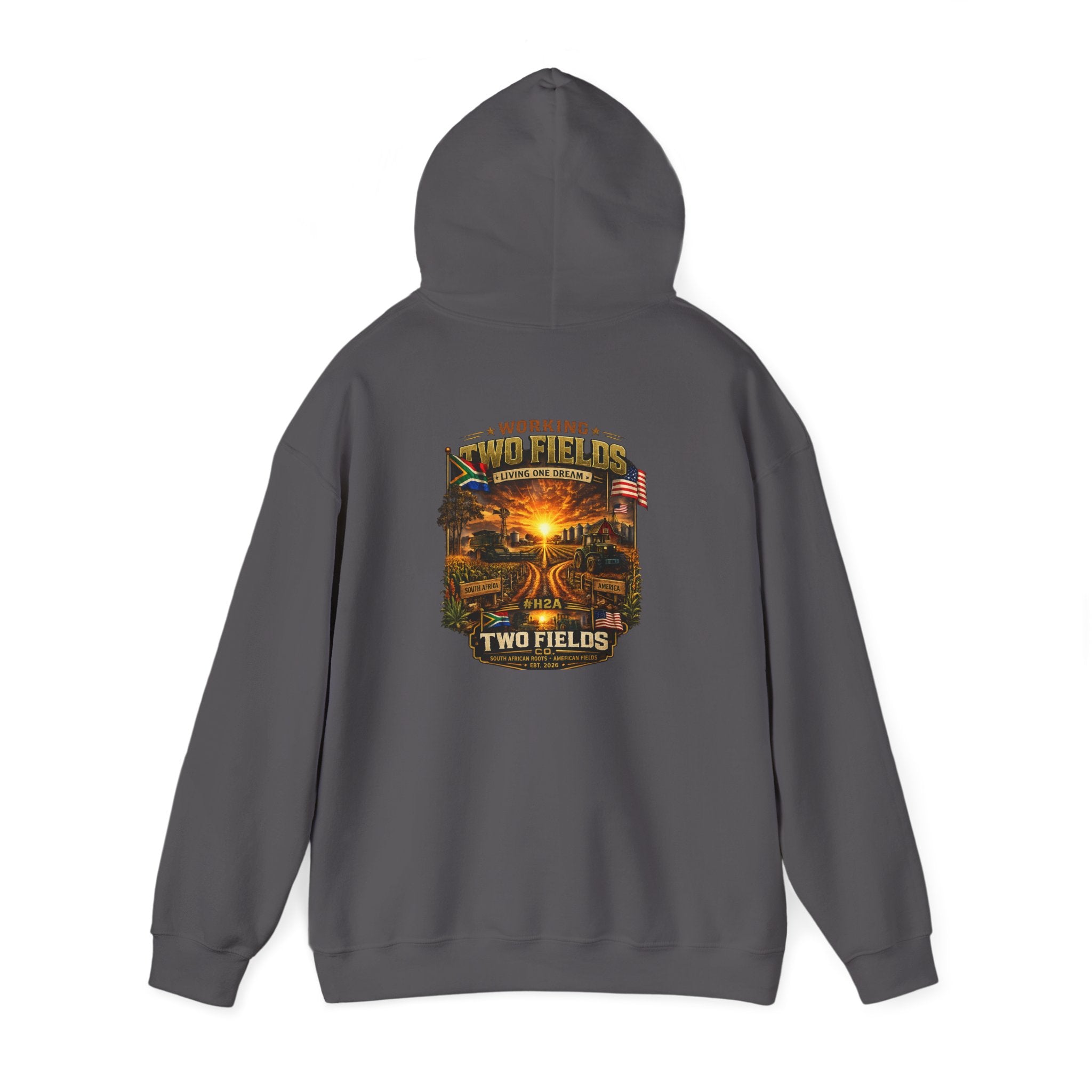 Medium gray pullover hoodie with hood and front pocket; back square scenic farm sunset graphic