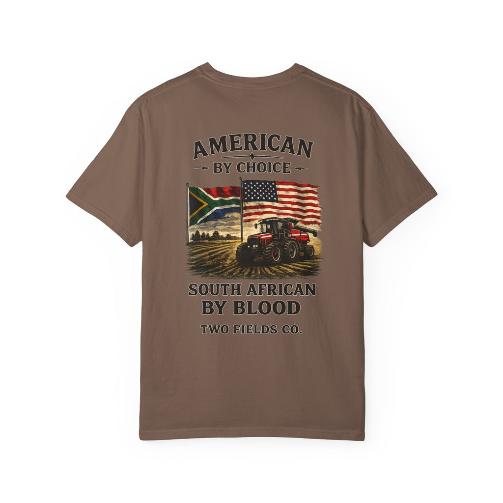 Brown graphic t-shirt with large front text and flag tractor print
