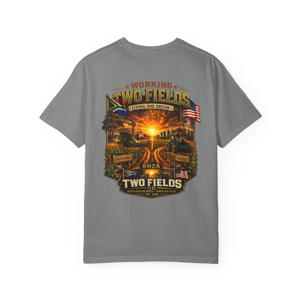 Gray short-sleeve T-shirt with large farm sunset graphic on front