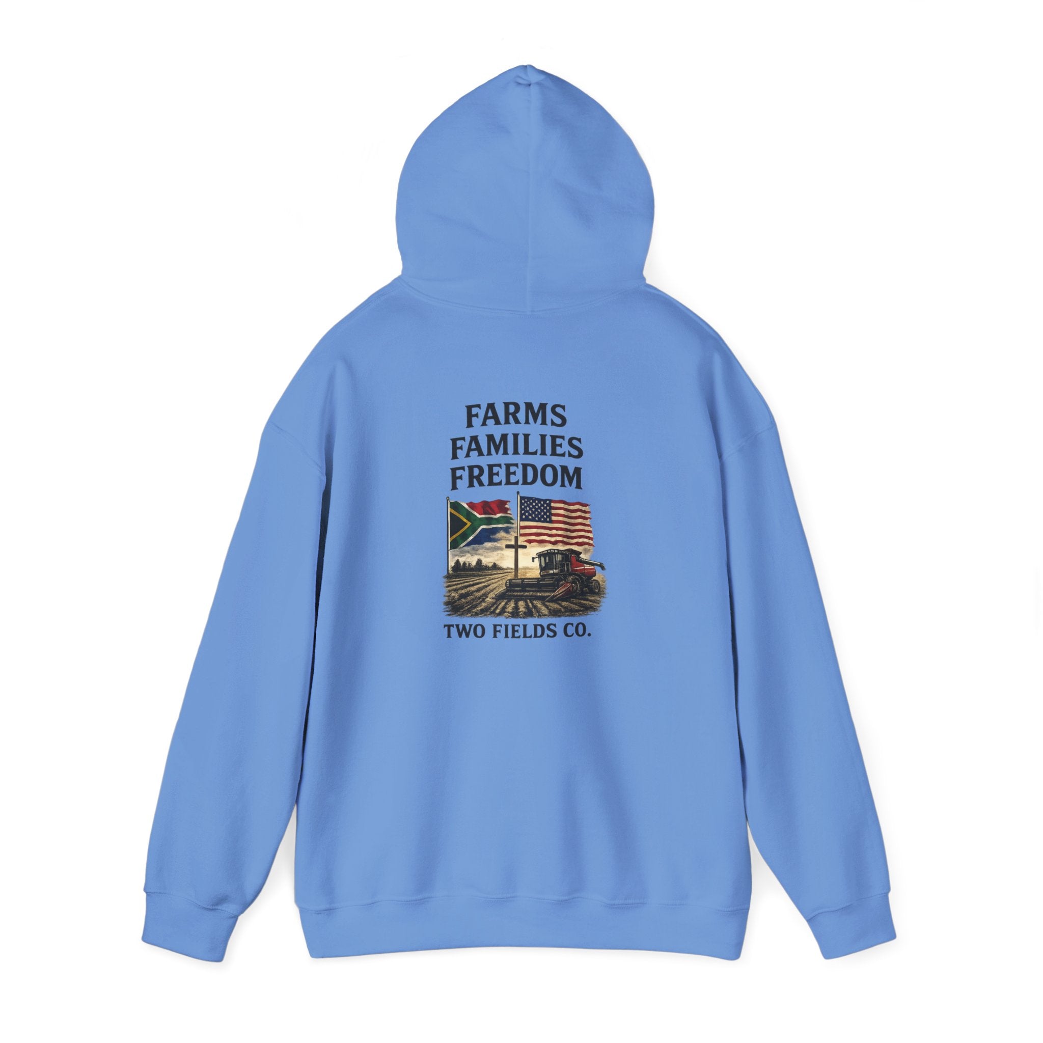 Light blue Freedom Families hoodie, hooded back view with graphic text and emblem
