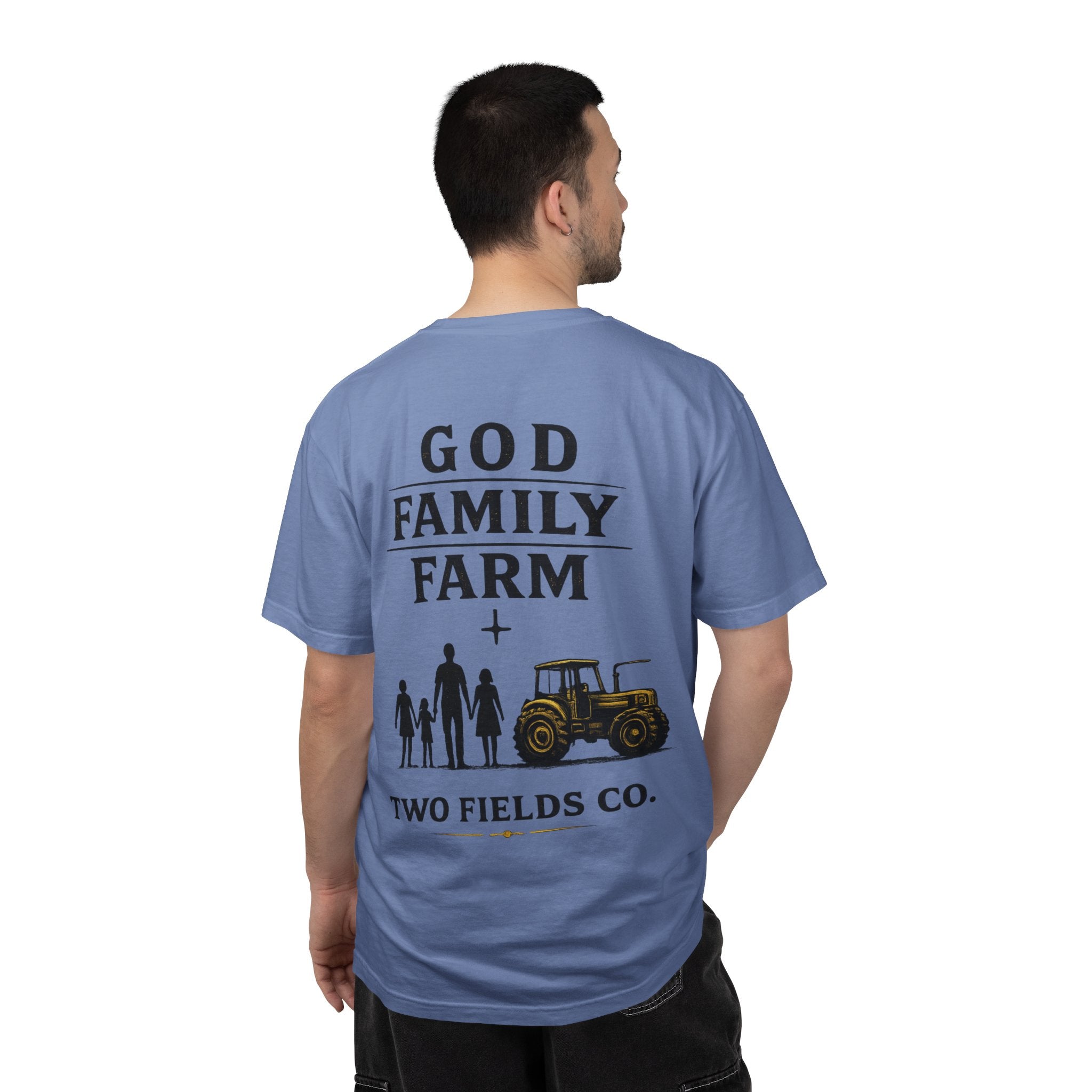 Light blue crewneck T-shirt with back God Family Farm tractor graphic