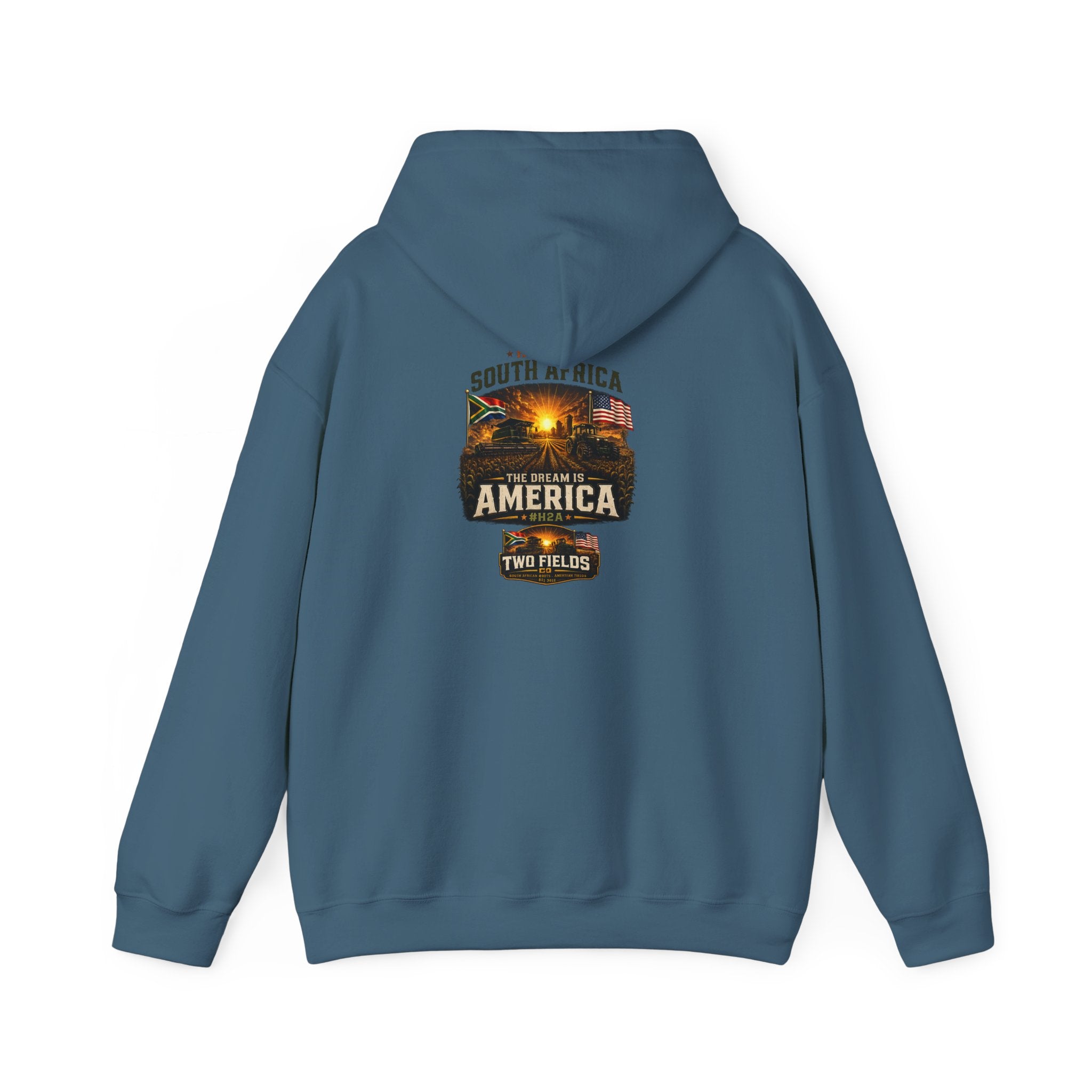 Teal-blue hoodie with hood and printed travel graphic on back