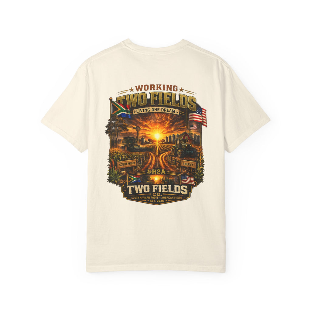 Cream T-shirt with large vintage farm sunset graphic on front