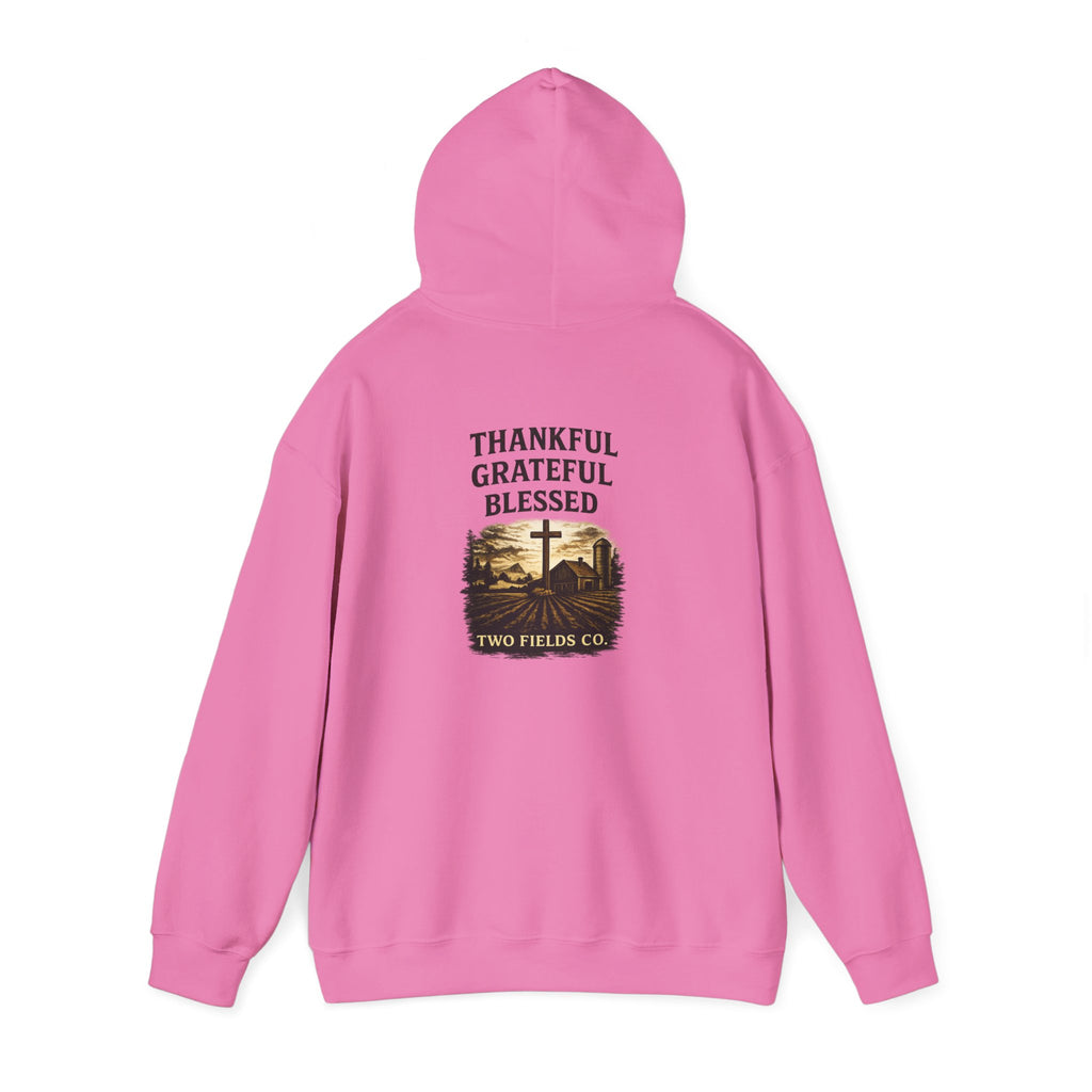 Pink pullover hoodie back view, hood and pouch, central text-and-cross graphic
