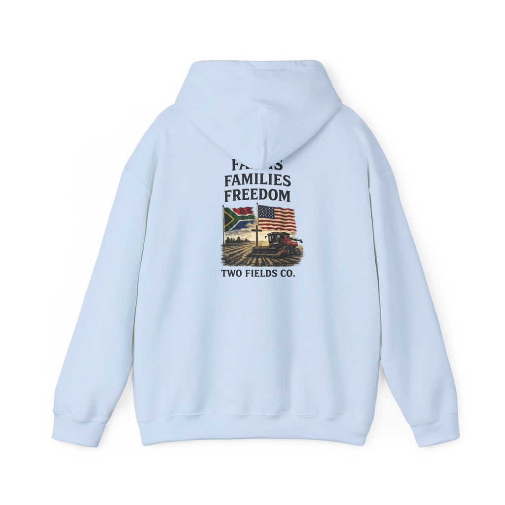 Light blue Freedom Families hoodie, back view with graphic text and image