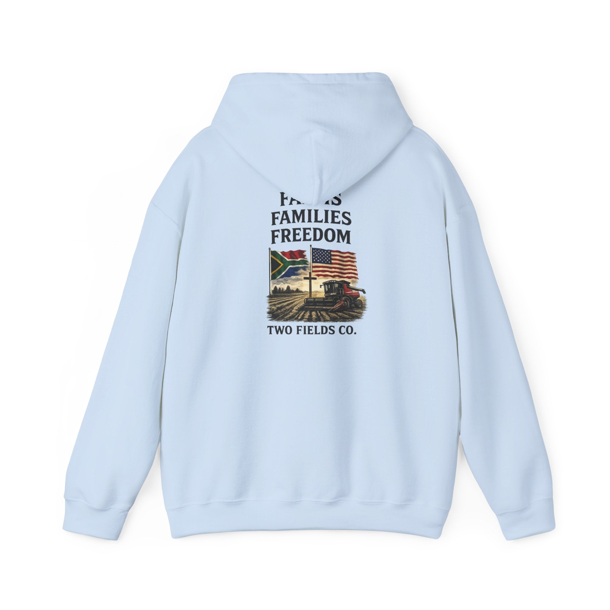 Light blue Freedom Families hoodie, back view with graphic text and image