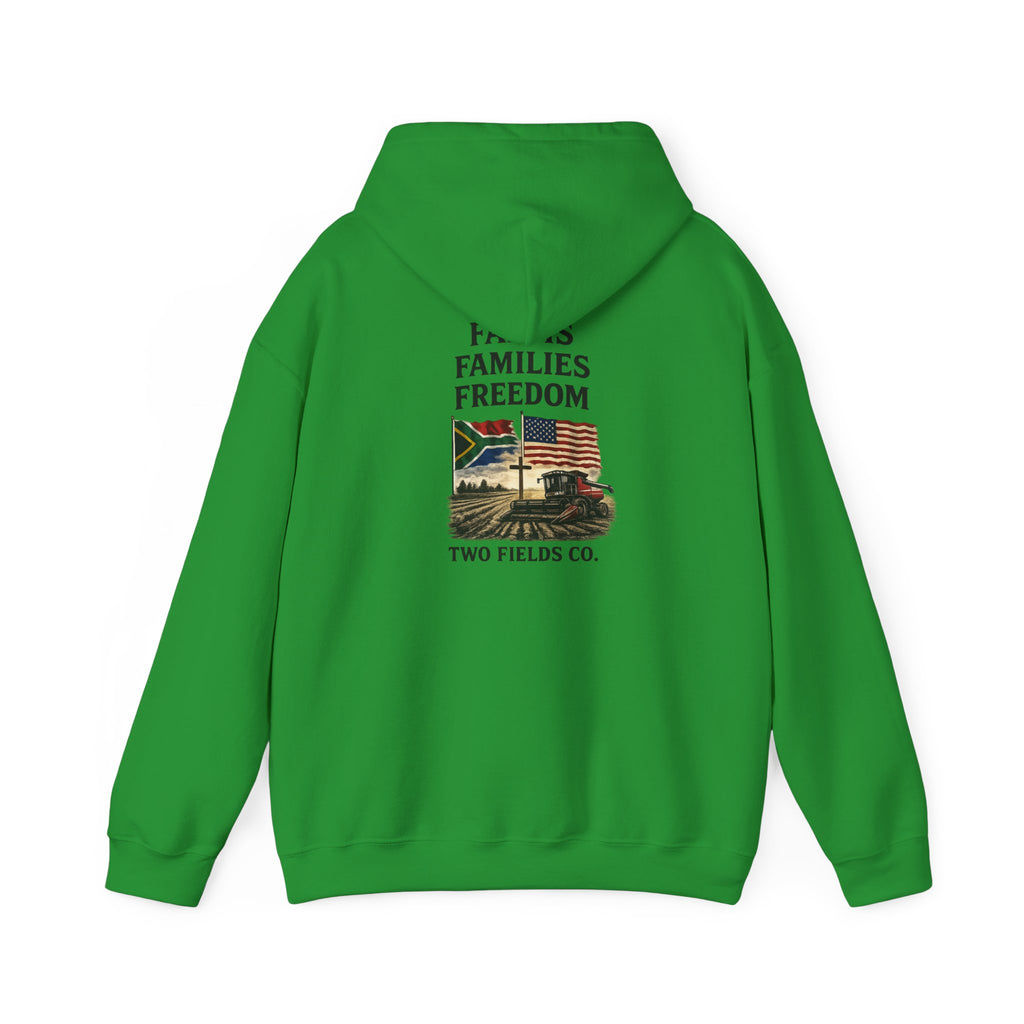 Green pullover hoodie with drawstring hood and back Freedom graphic print
