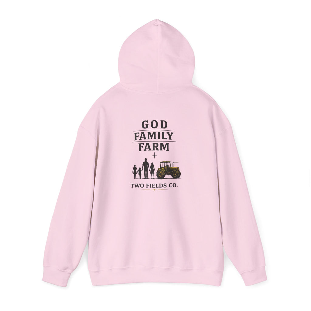 Pink pullover hoodie with GOD FAMILY FARM graphic and tractor on back