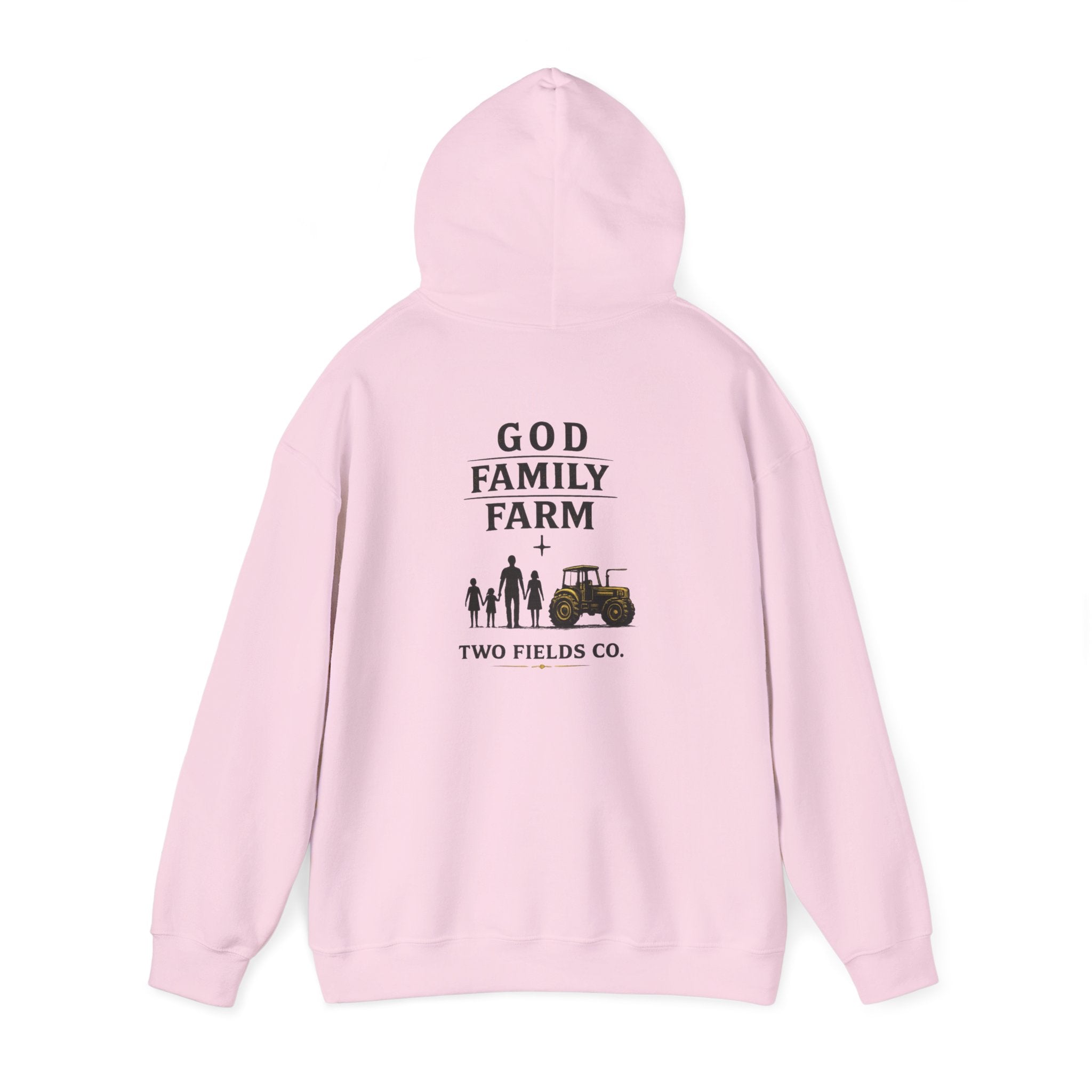 Pink pullover hoodie with GOD FAMILY FARM graphic and tractor on back