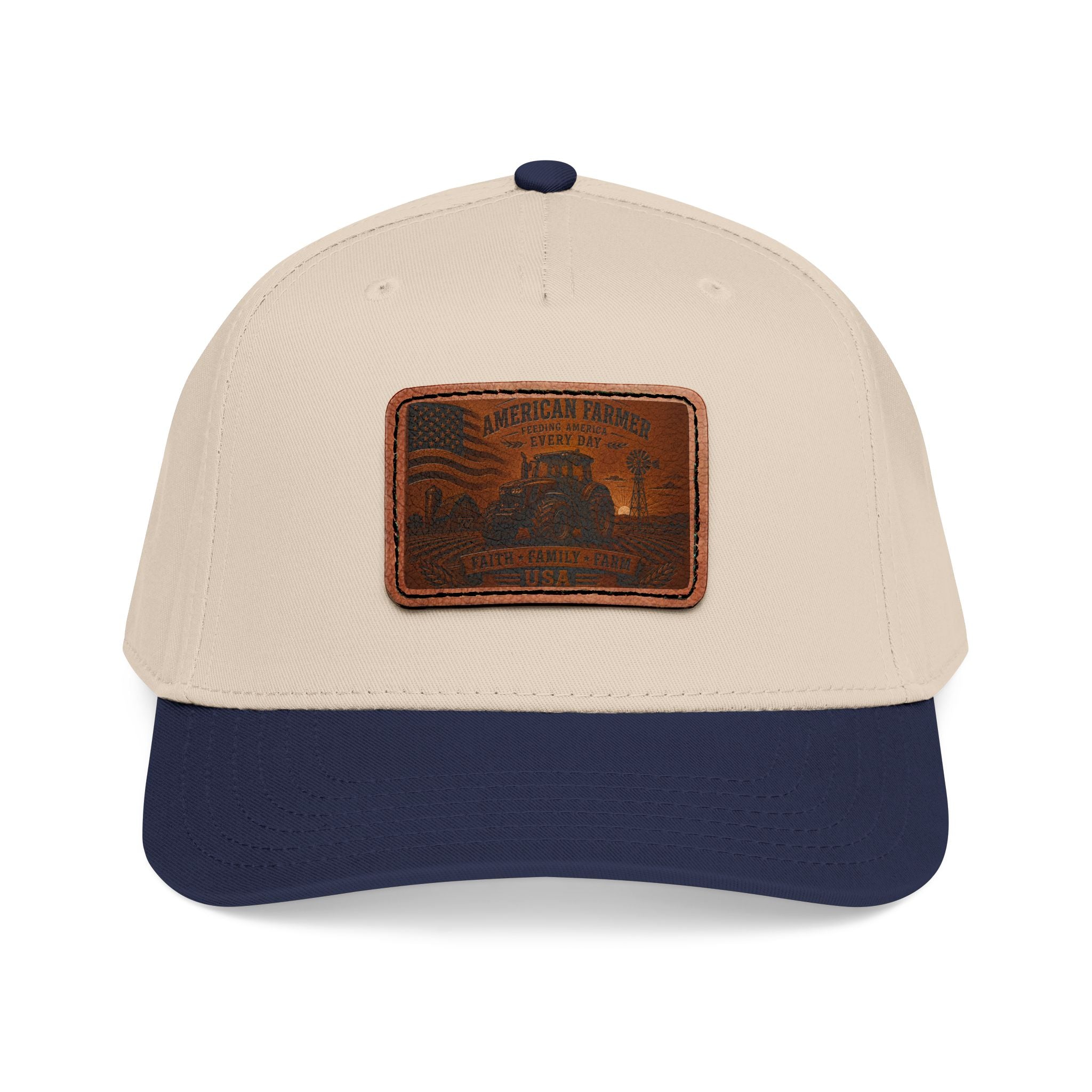 Baseball cap in beige and navy with rectangular leather patch on front