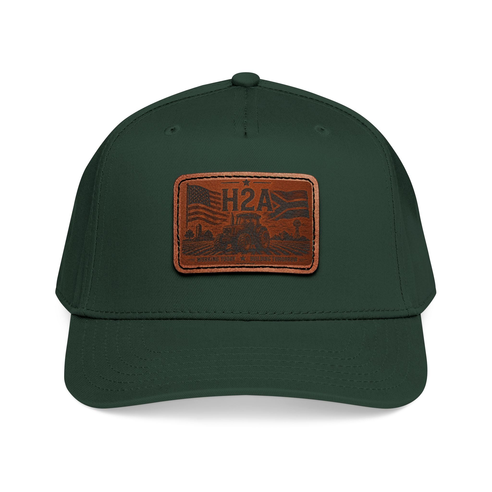 Dark green baseball cap with rectangular H2A leather patch on front