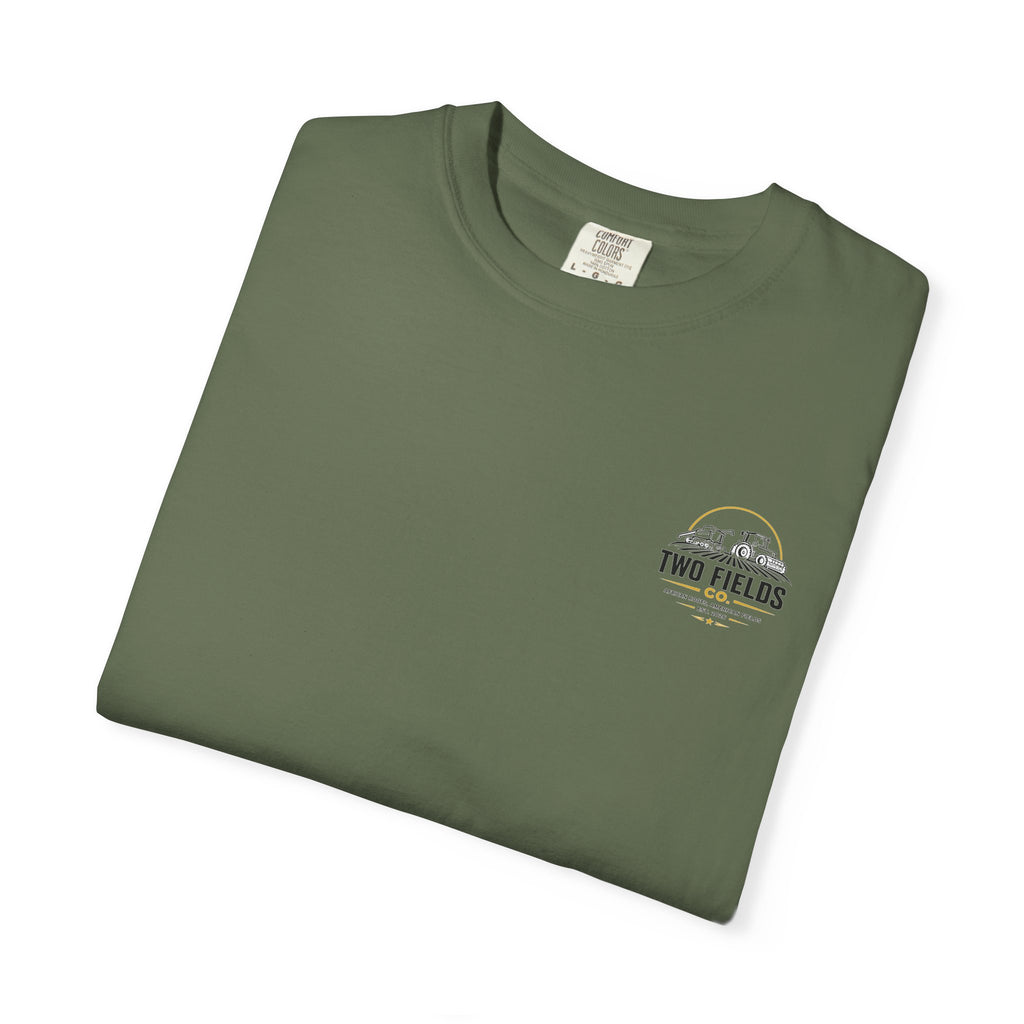 Olive short-sleeve T-shirt folded flat with small Two Fields Co. logo on chest