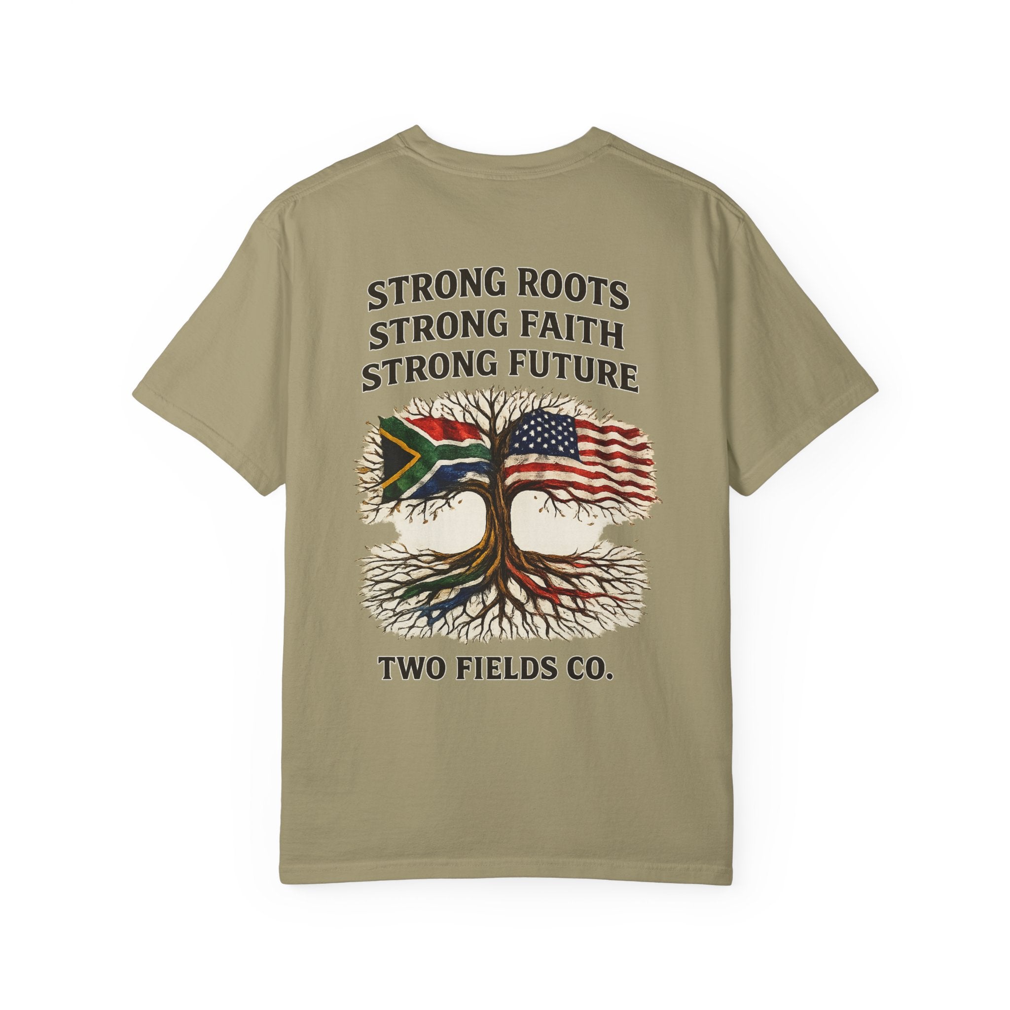 Olive graphic T-shirt with Strong Roots text and tree design with two flags