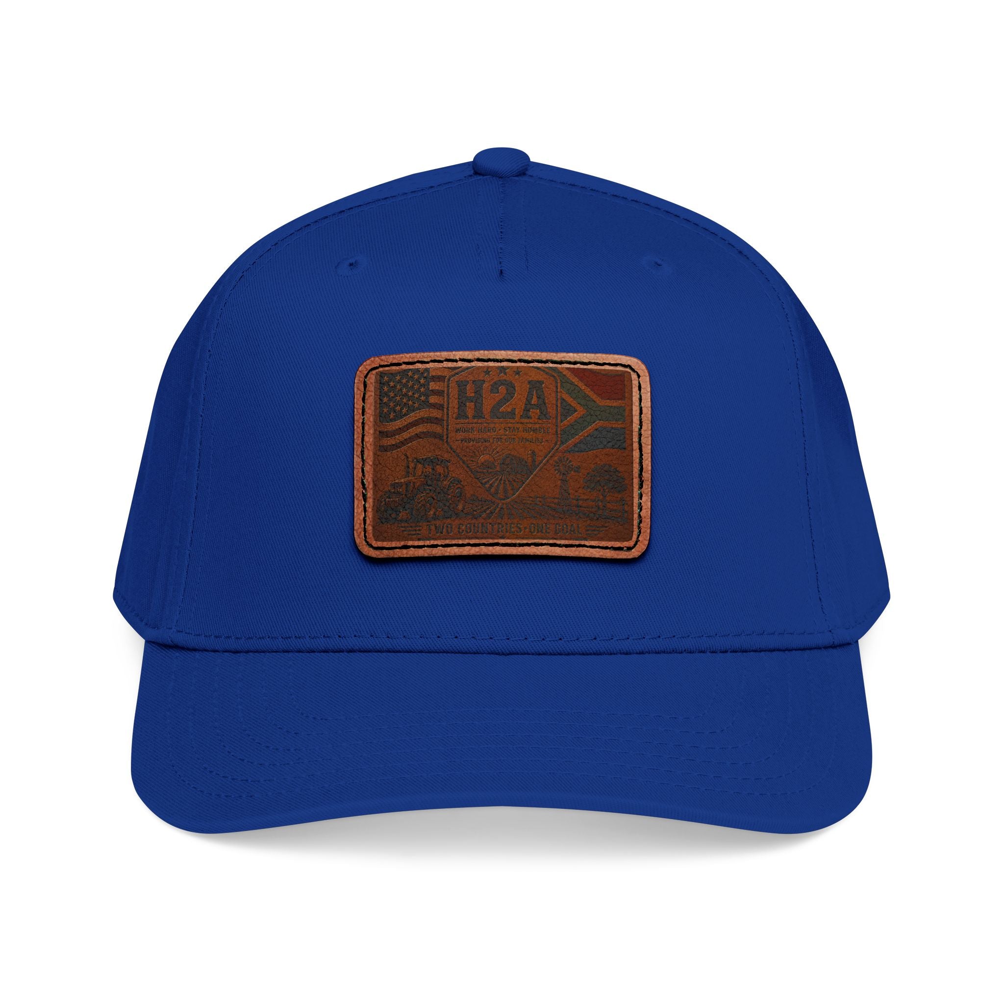 Leather patch baseball cap in royal blue with rectangular H2A flag logo patch