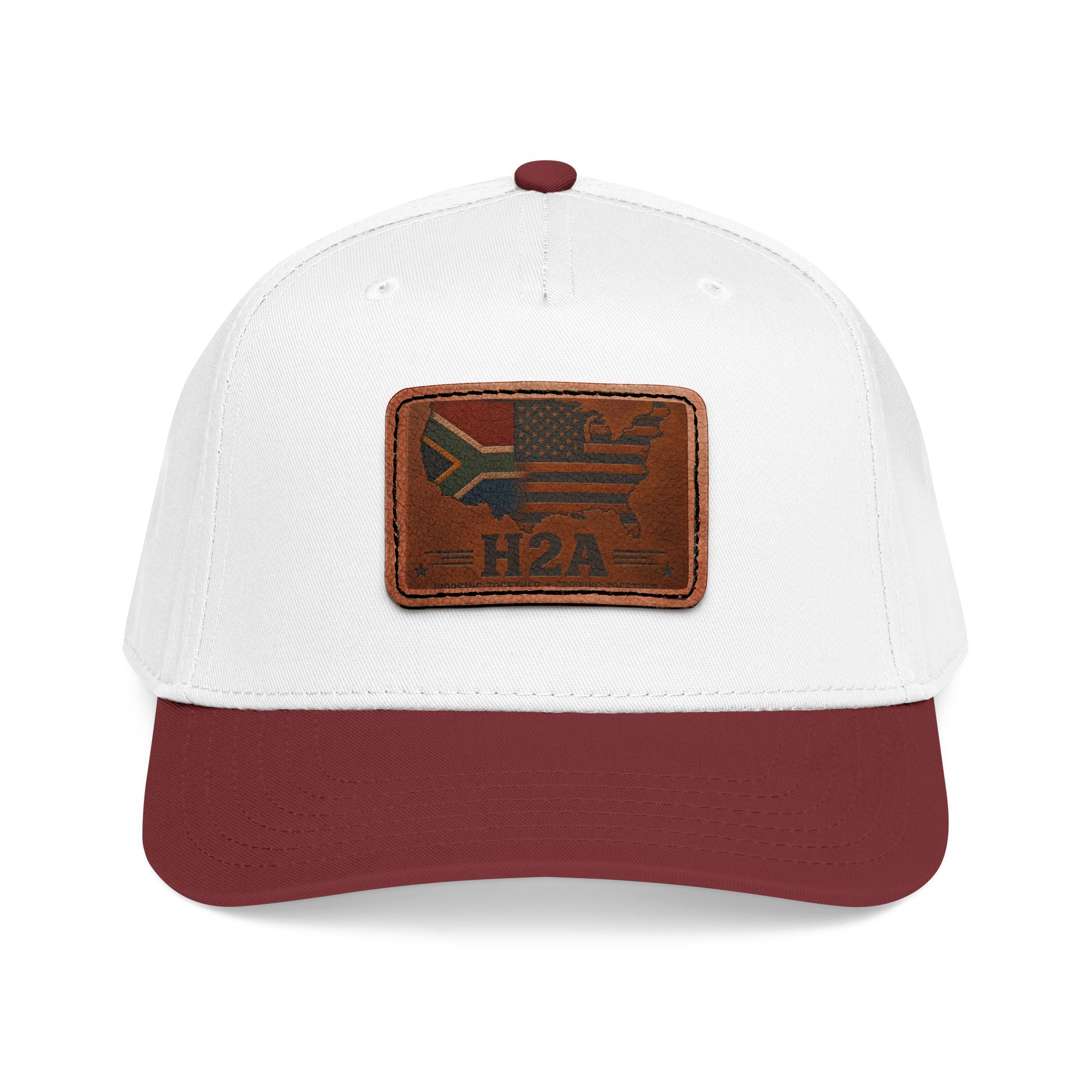 Maroon and white baseball cap with rectangular H2A flag leather patch