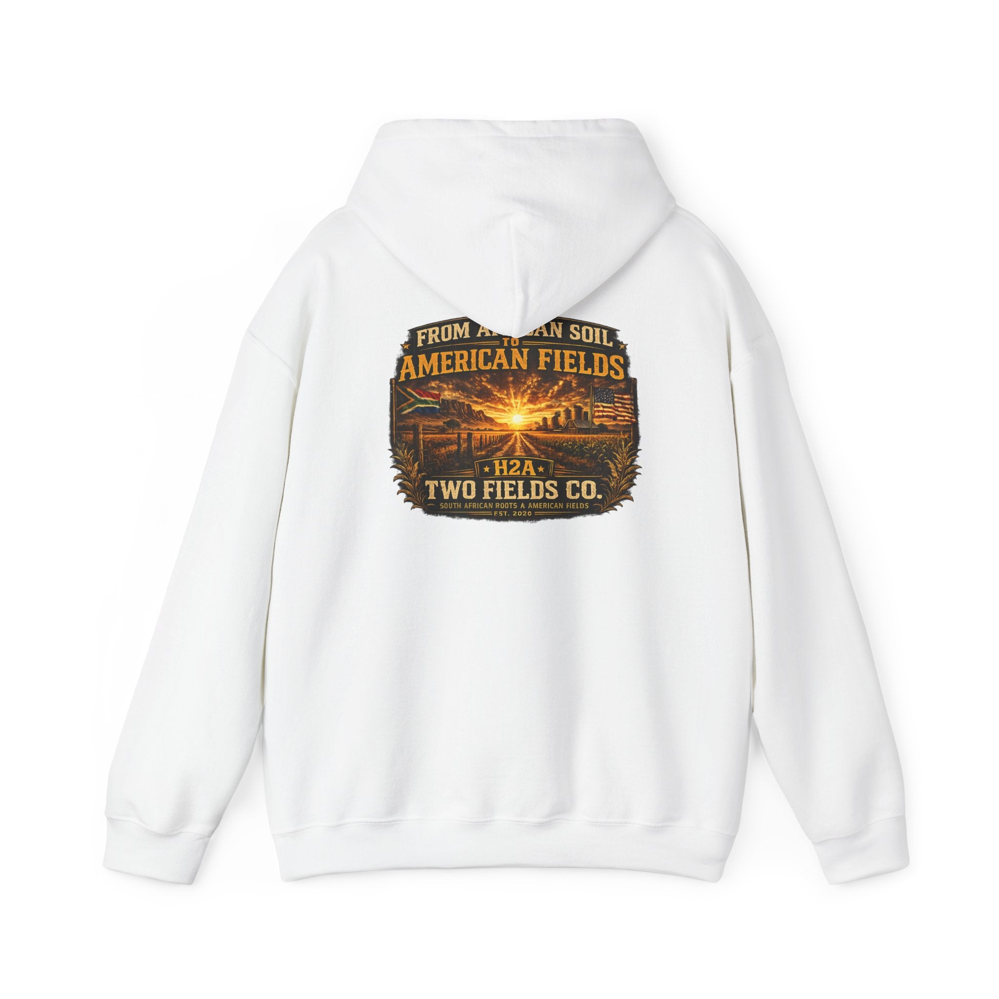 White pullover hoodie with large back graphic print and hood