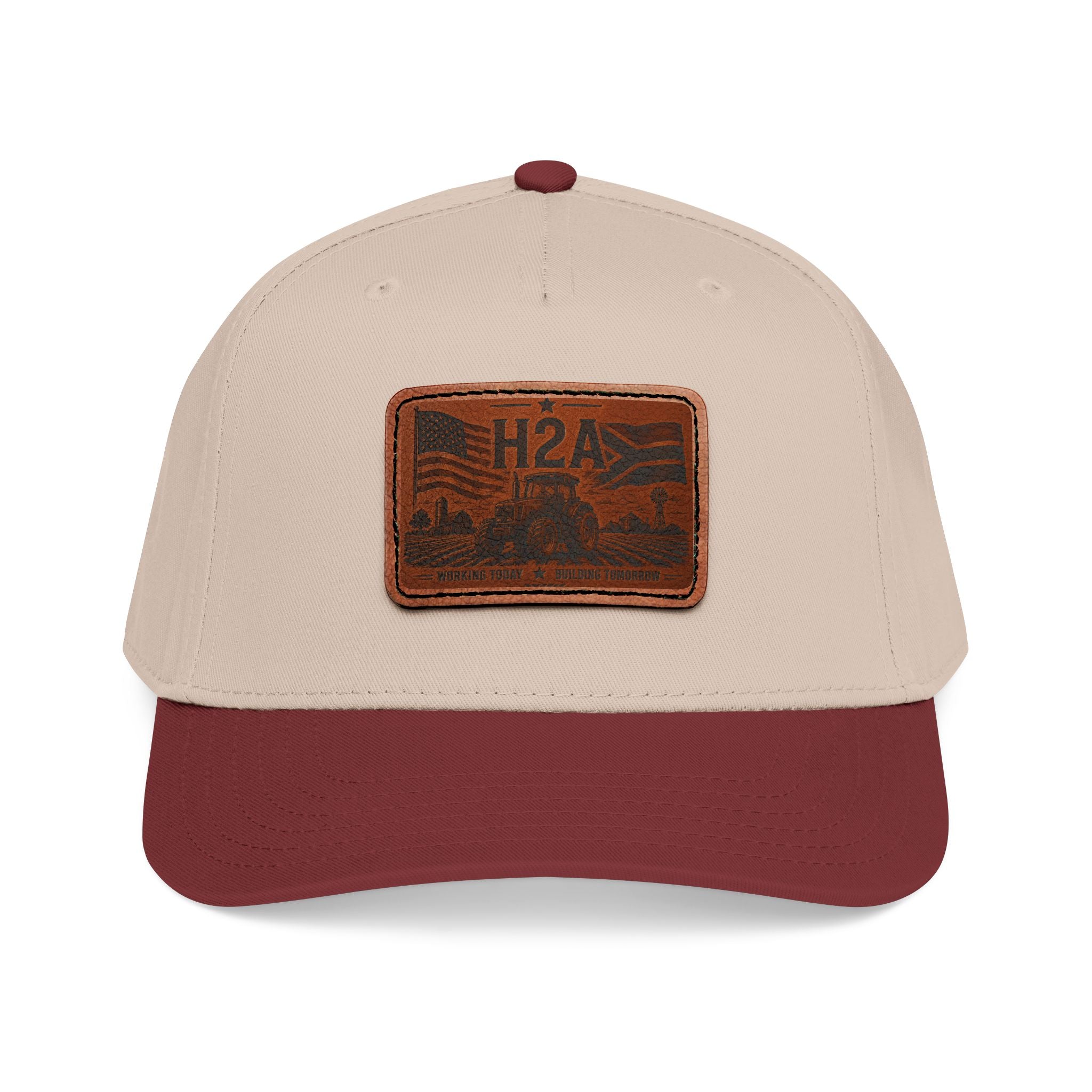 Leather patch baseball cap, beige crown and maroon brim with rectangle H2A patch