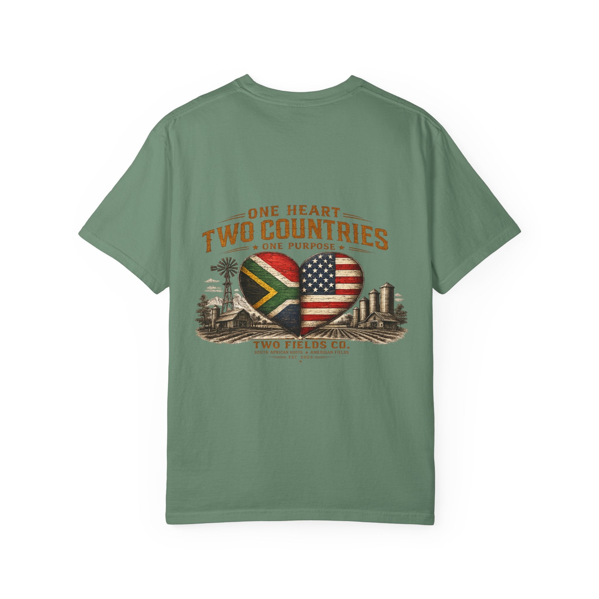 Green crew-neck T-shirt with heart graphic combining South Africa and USA flags