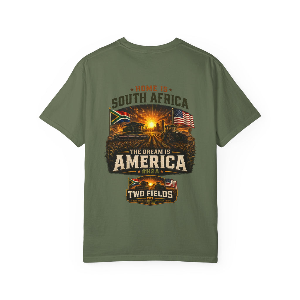 Olive T-shirt with South Africa to America graphic text, flags, and city scene