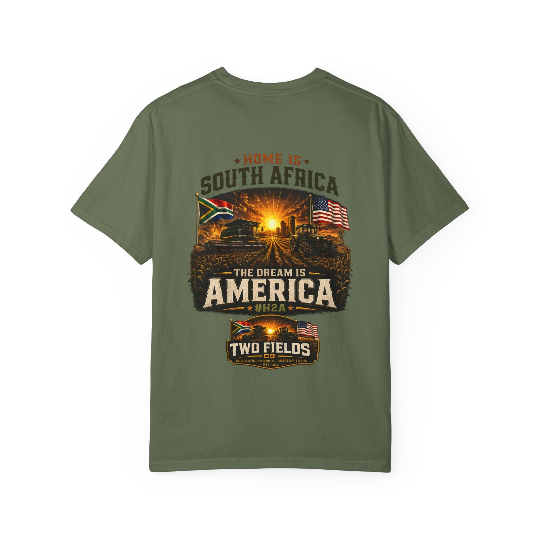 Olive T-shirt with South Africa to America graphic text, flags, and city scene