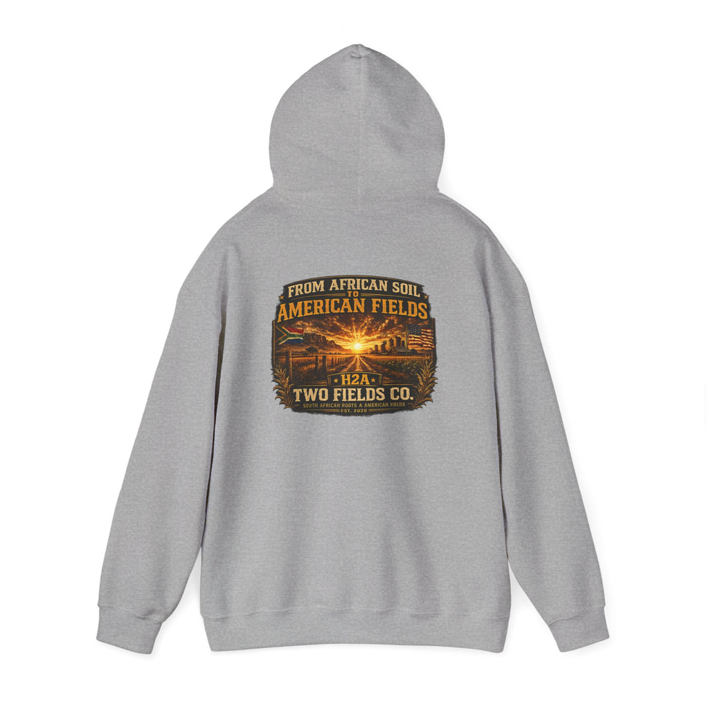 Heather gray pullover hoodie with vintage logo graphic on the back