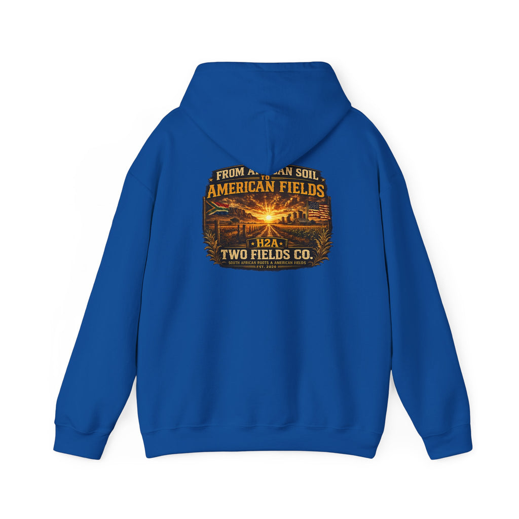Blue pullover hoodie with vintage logo graphic on front