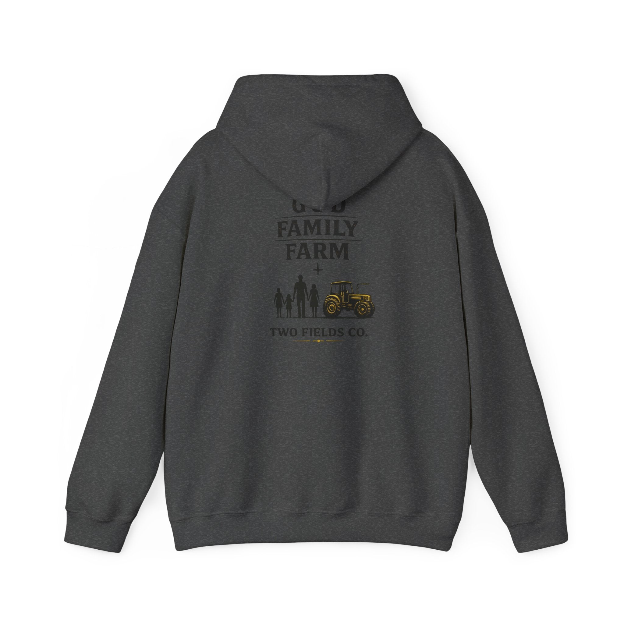 Charcoal hoodie with back print reading "Family Farm" and tractor graphic