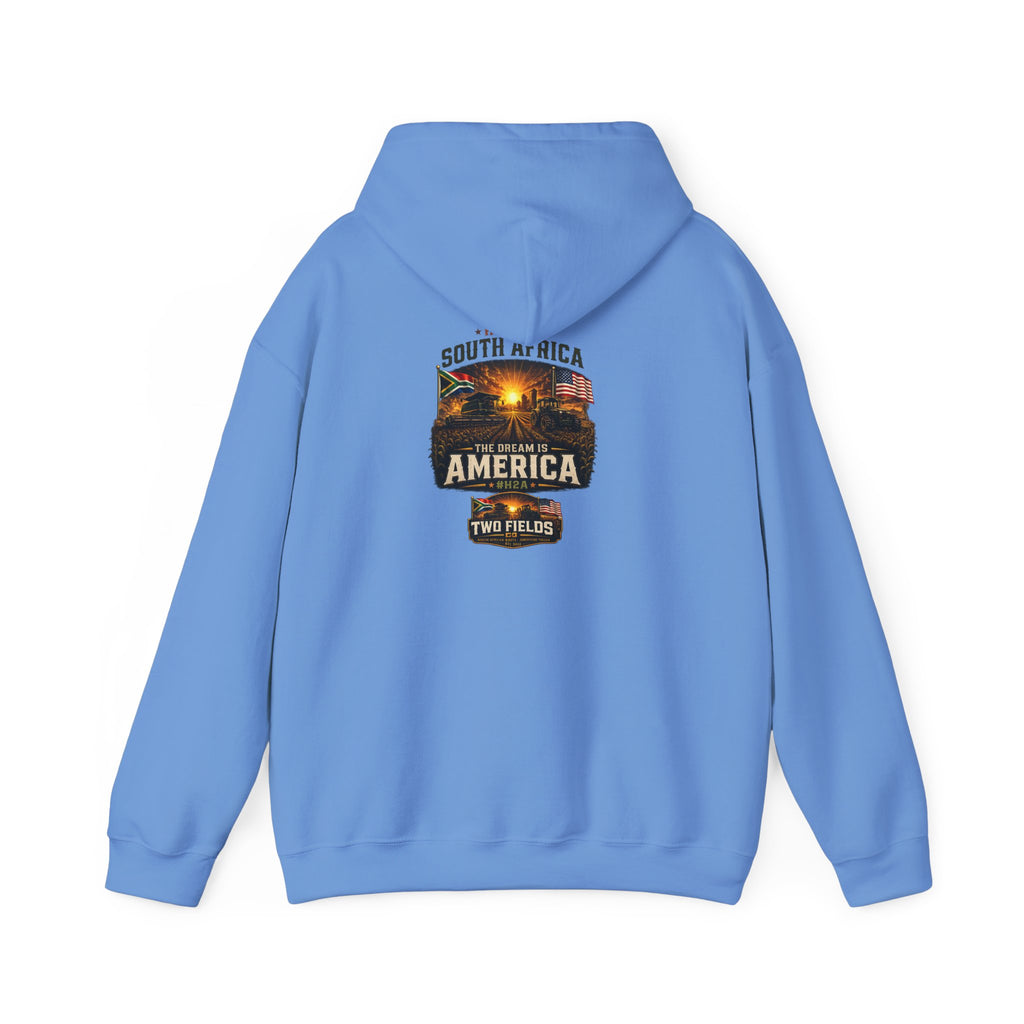 Carolina blue pullover hoodie with back “South Africa America Two Fields” graphic.
