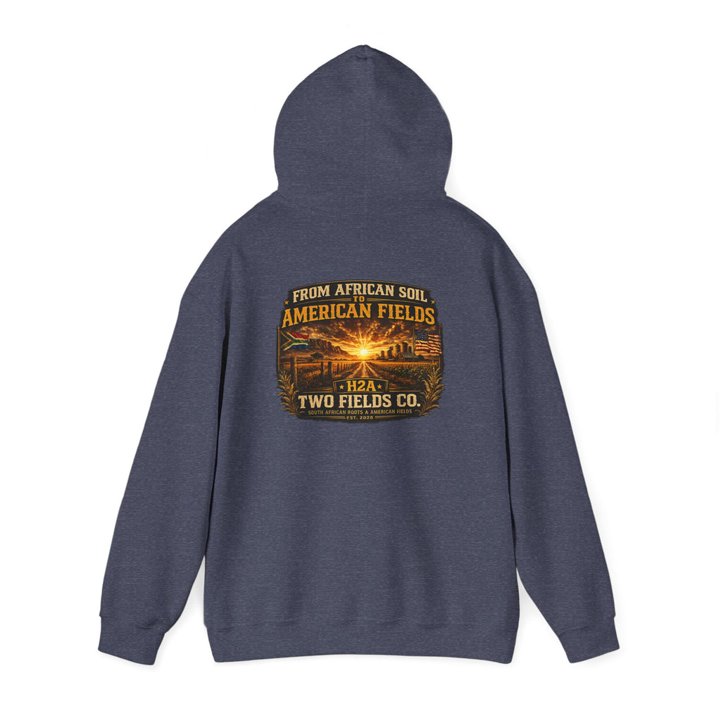 Heather blue pullover hoodie with large rear graphic logo print and hood