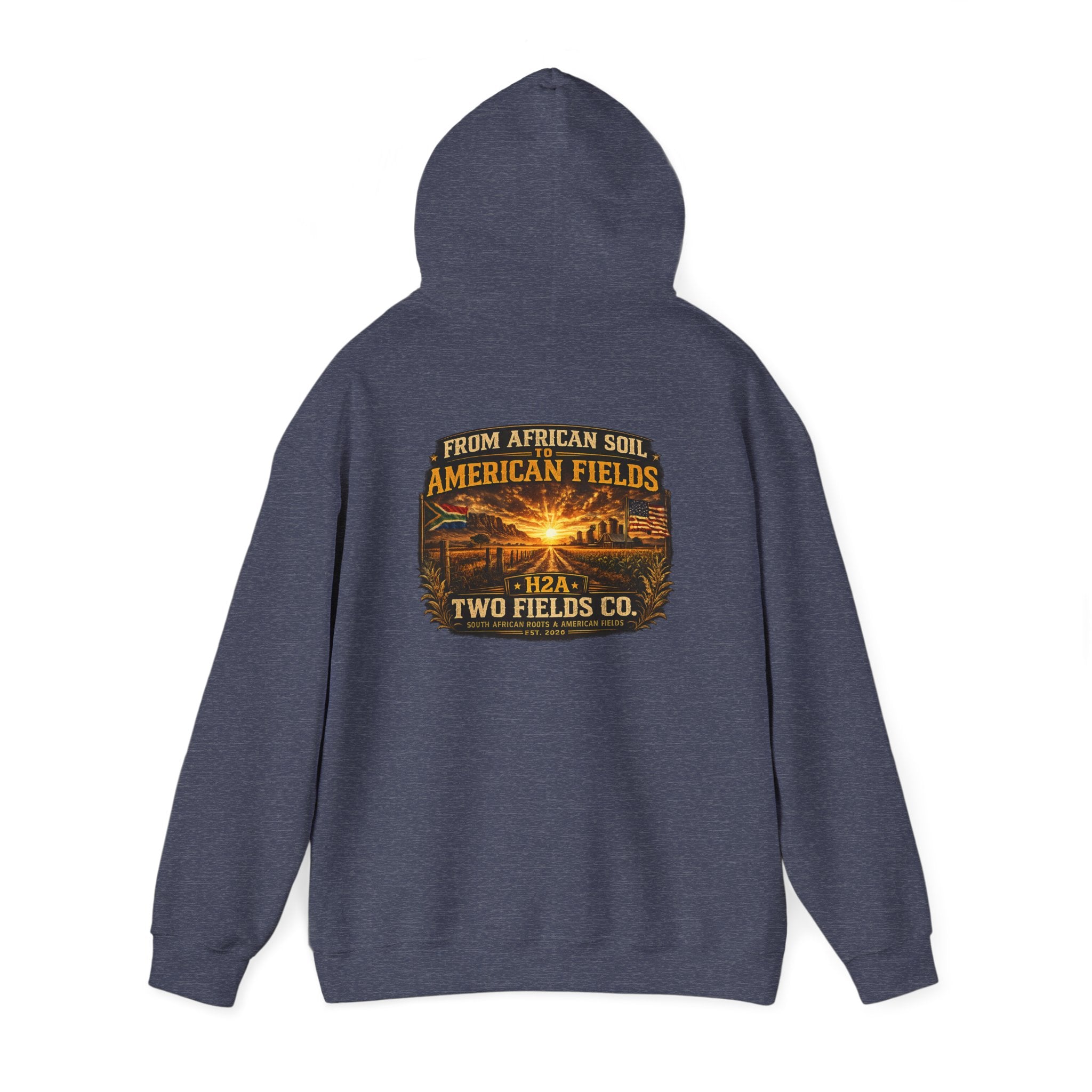 Heather blue pullover hoodie with large rear graphic logo print and hood