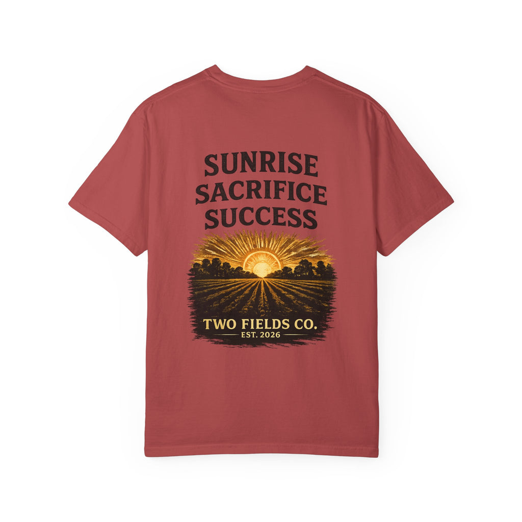 Red T-shirt front with Sunrise Sacrifice Success sun graphic and Two Fields Co. text